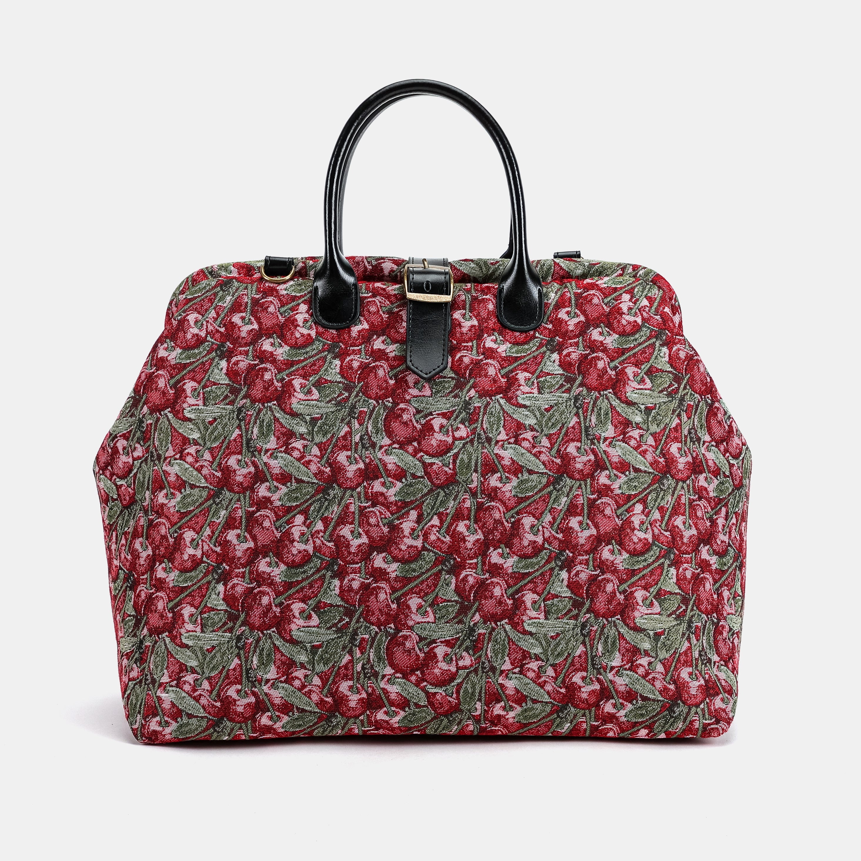 This standout carpet bag features our exclusive Cherry Cascade pattern, a design born from a special request in the cherry capital of Michigan