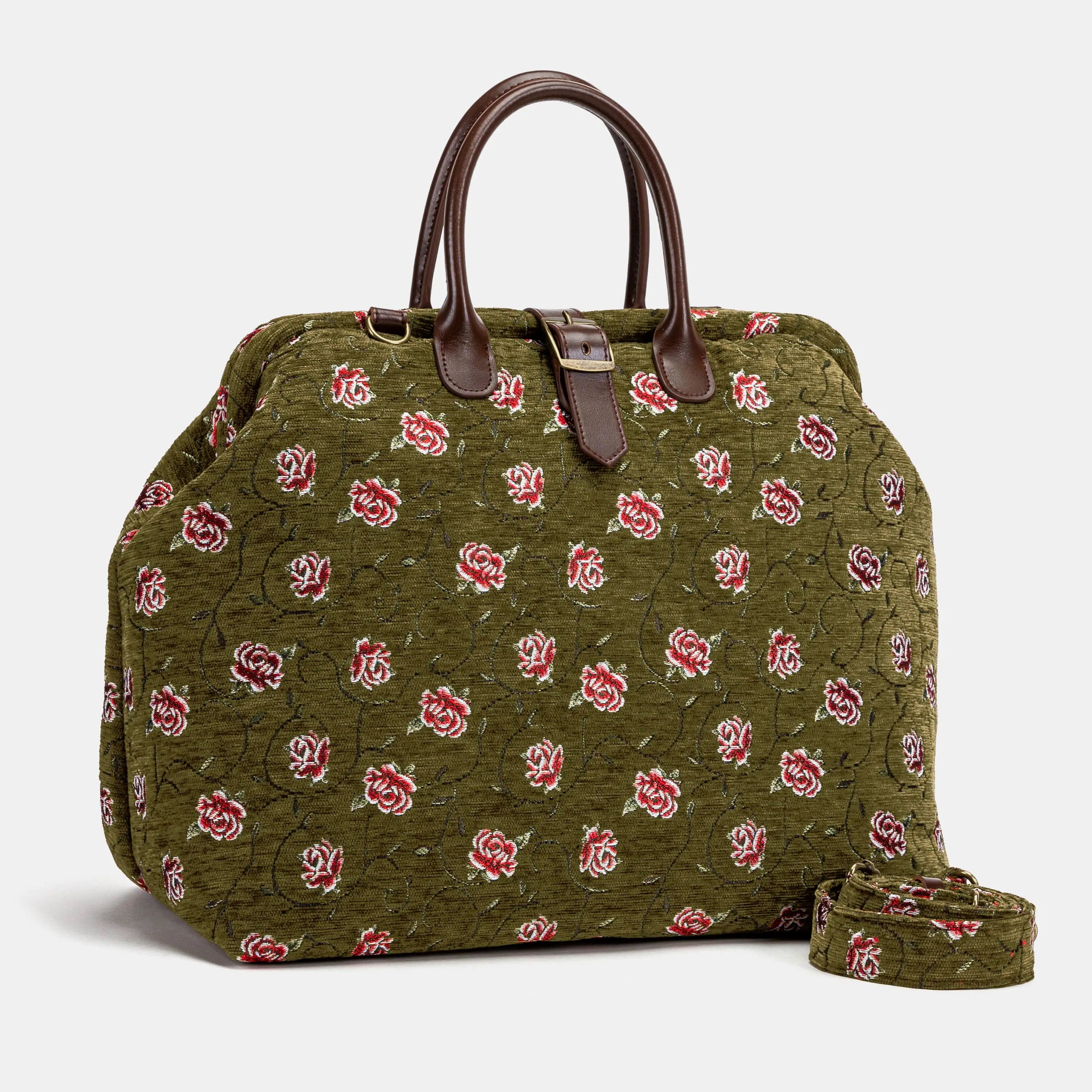 Climbing Rose Avocado Mary Poppins Weekender Carpetbag of America with shoulder strap