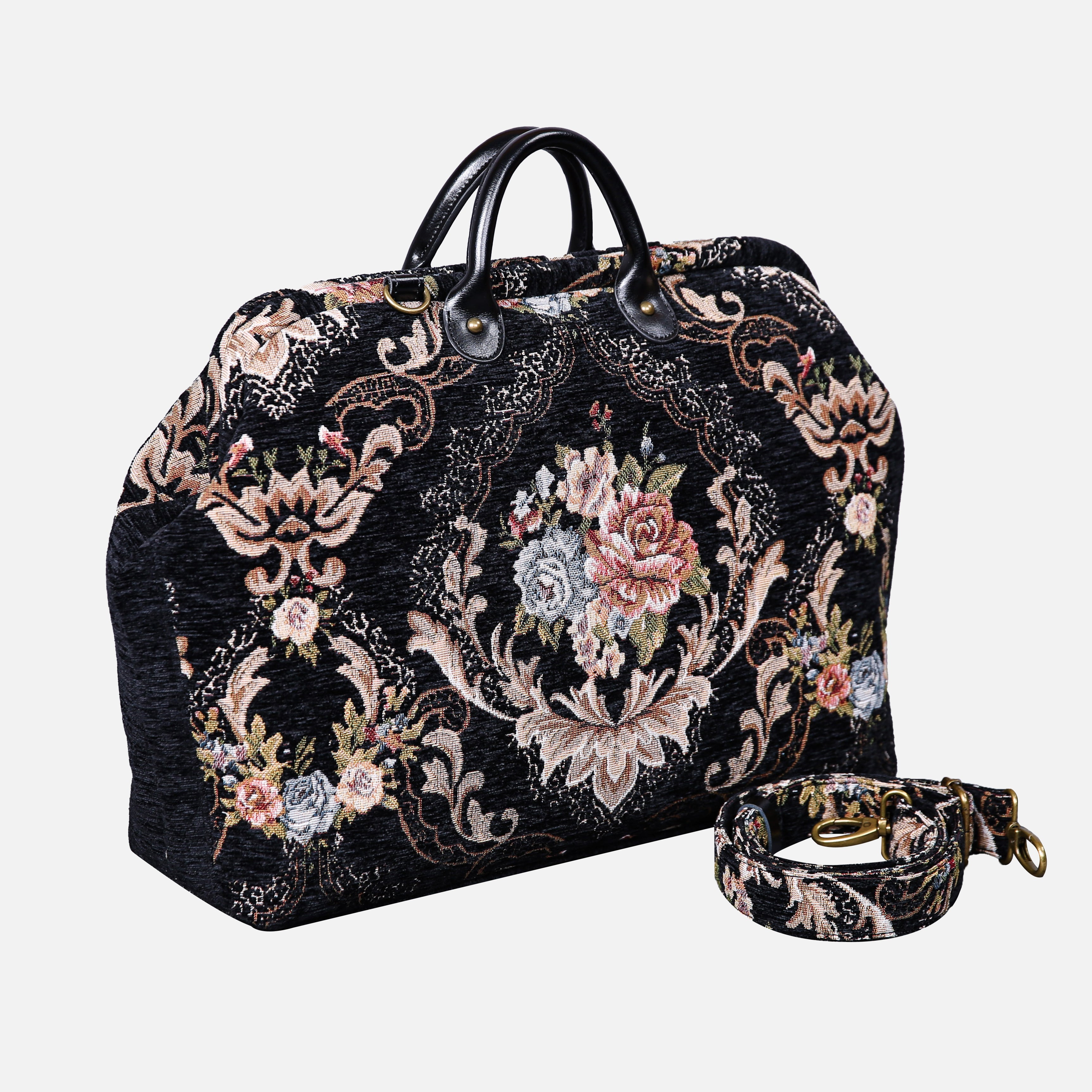 Floral Black Leather Black Laptop Work Bag carpet bag of America with shoulder strap