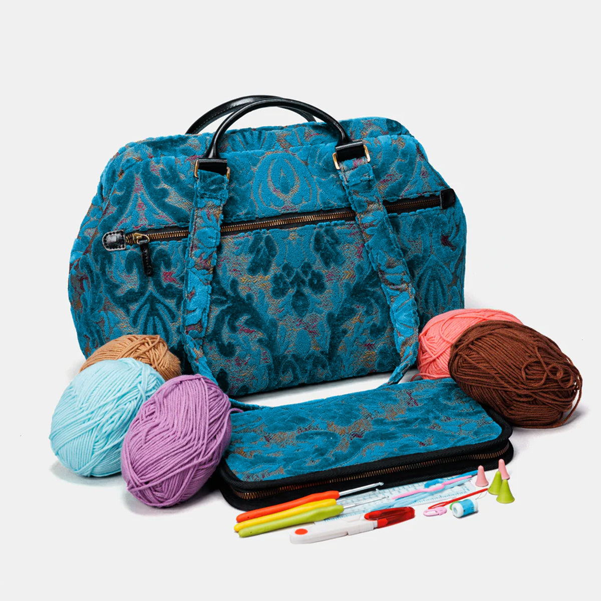 Burnout Velvet Aqua Blue Knitting Project Bag with something