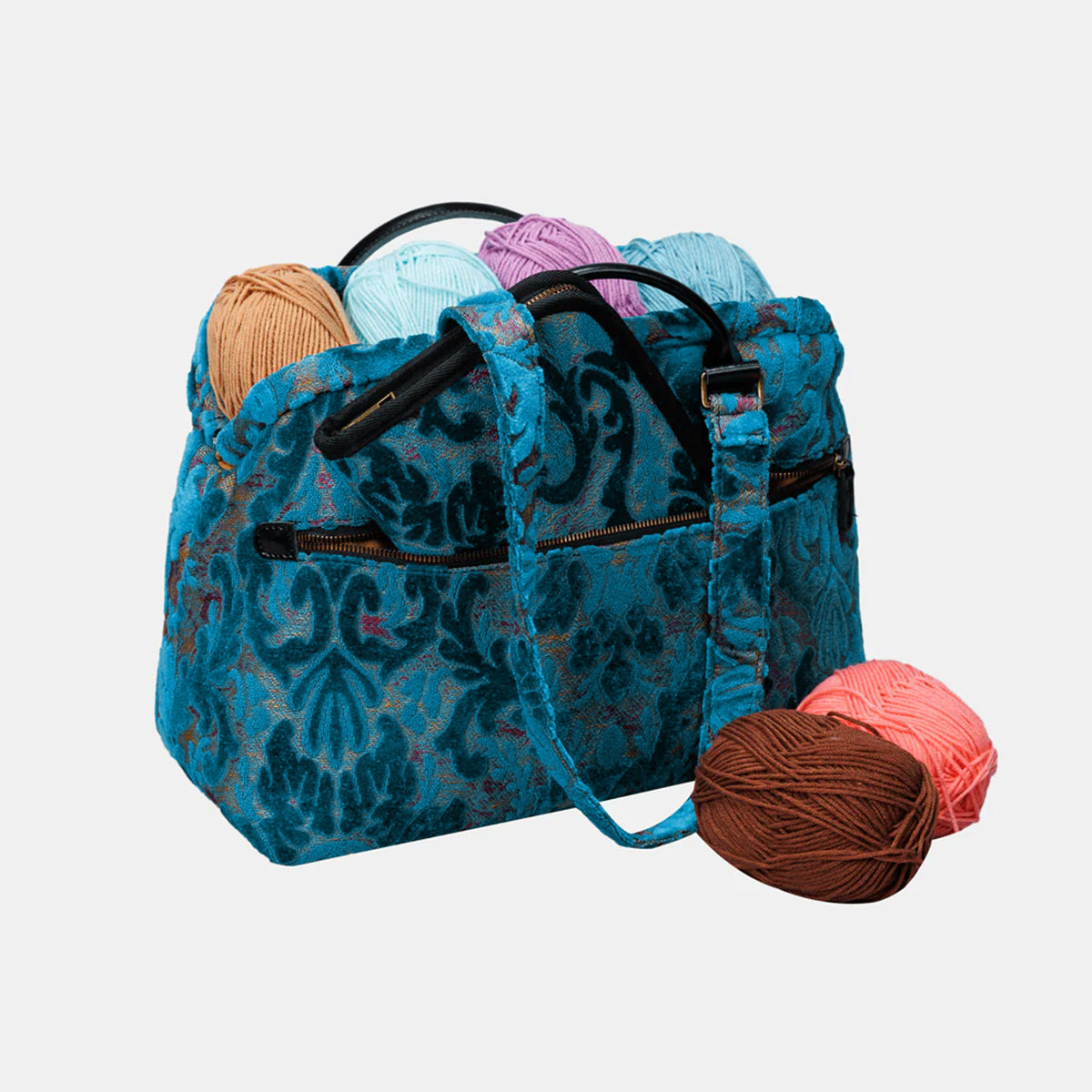 Burnout Velvet Aqua Blue Knitting Project Bag with yarn ball