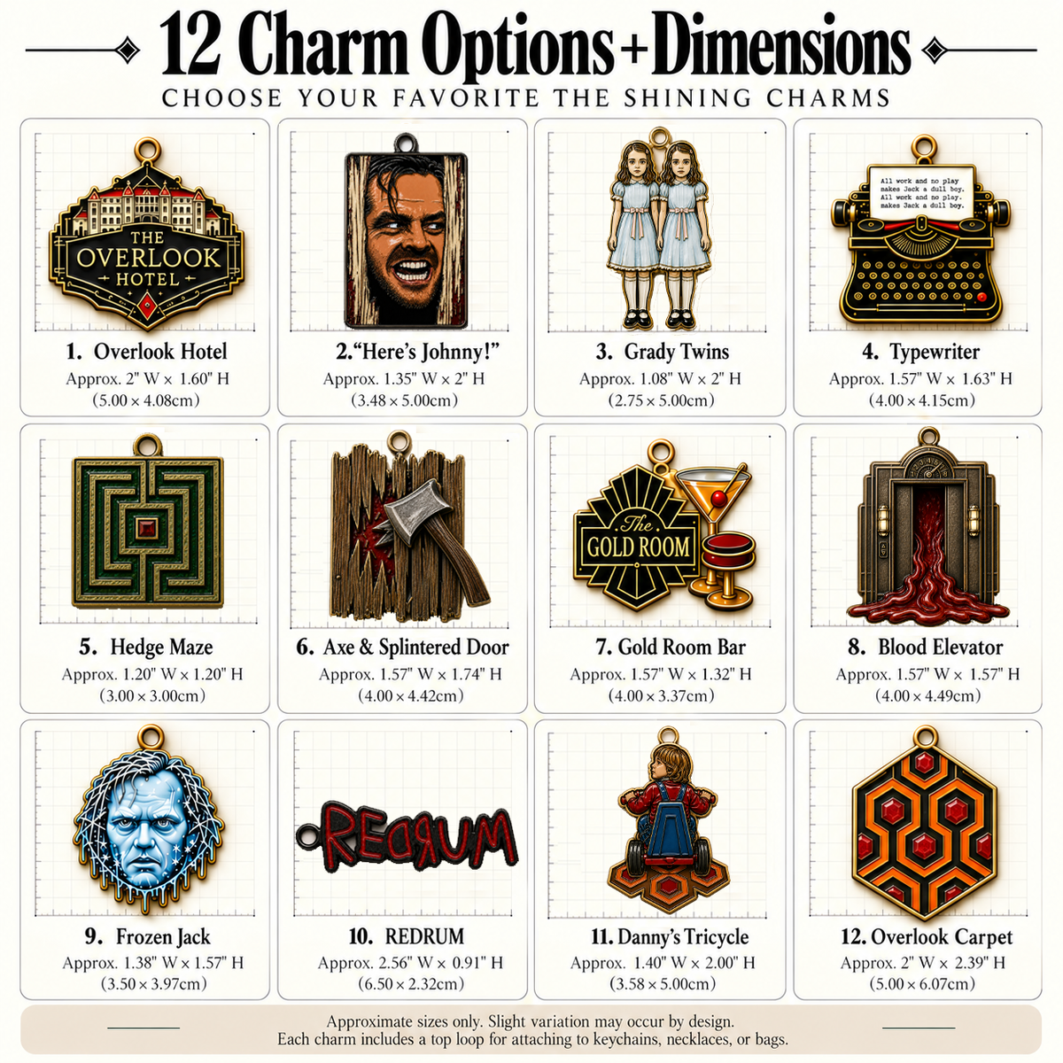 Custom ''The Shining'' Inspired Bag Charm Chain | Choose 5 Charms size chart