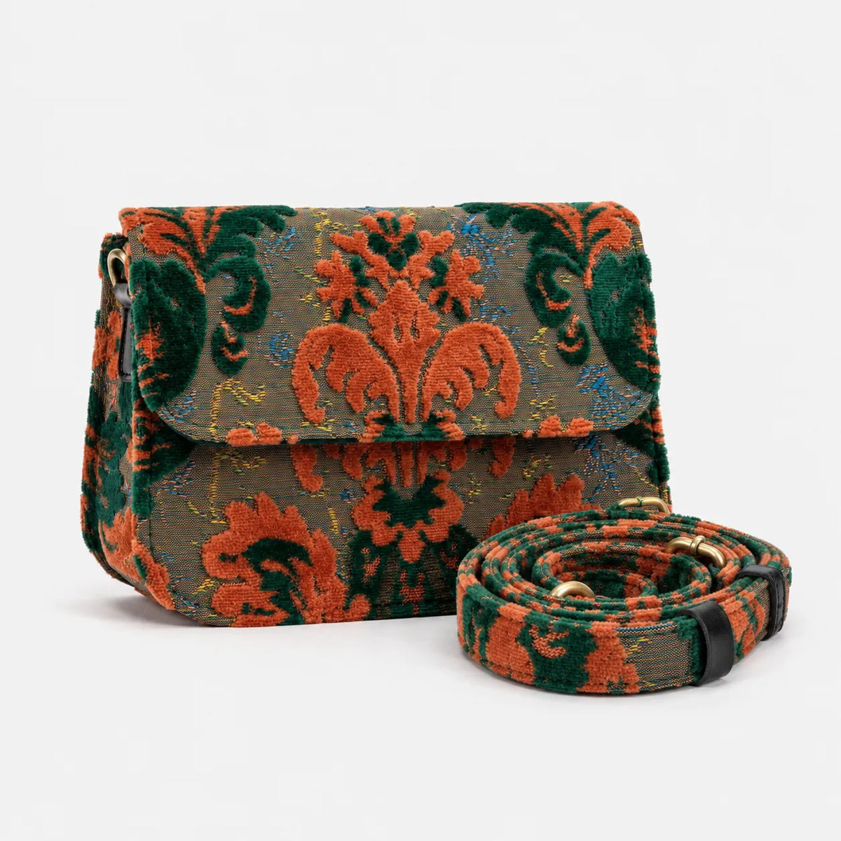 Burnout Velvet Revival Jade Flap Crossbody Bag of America display