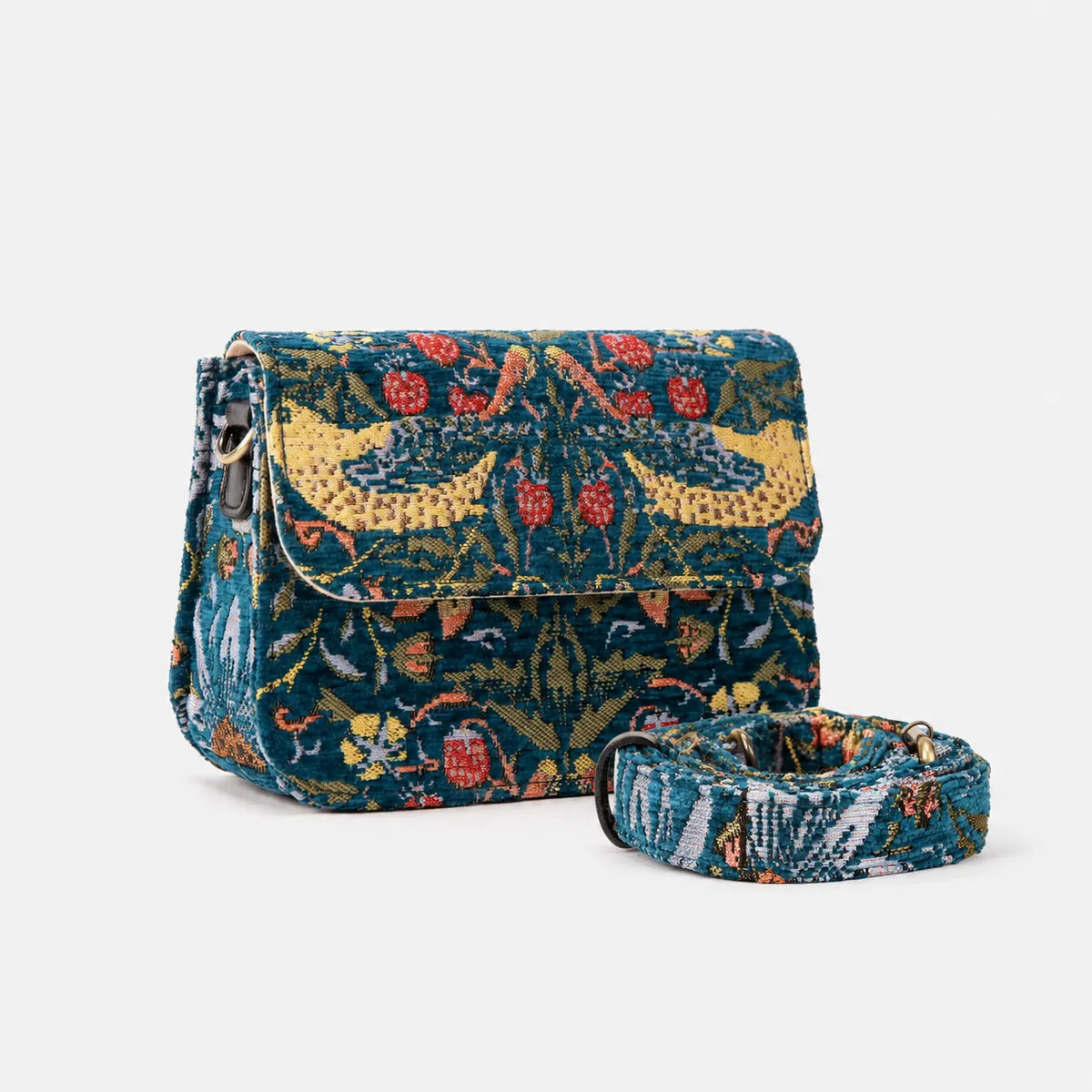 William Morris Strawberry Thief Flap Crossbody Bag of America display