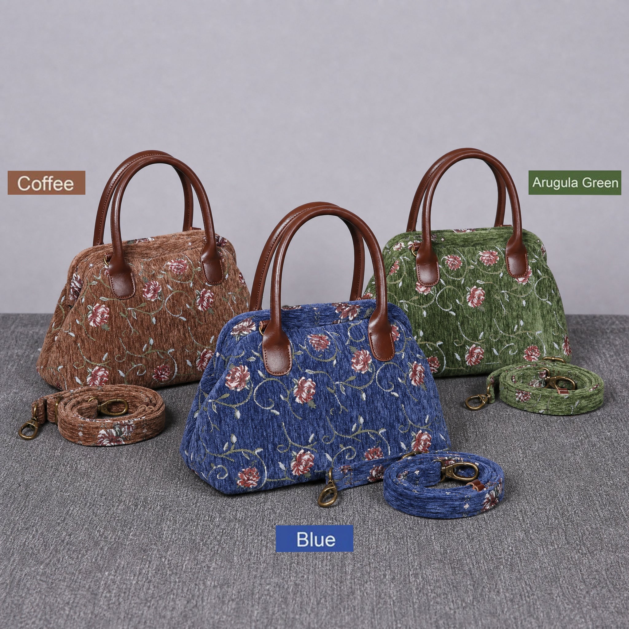 Three floral-patterned handbags in Coffee, Blue, and Arugula Green on a gray surface.