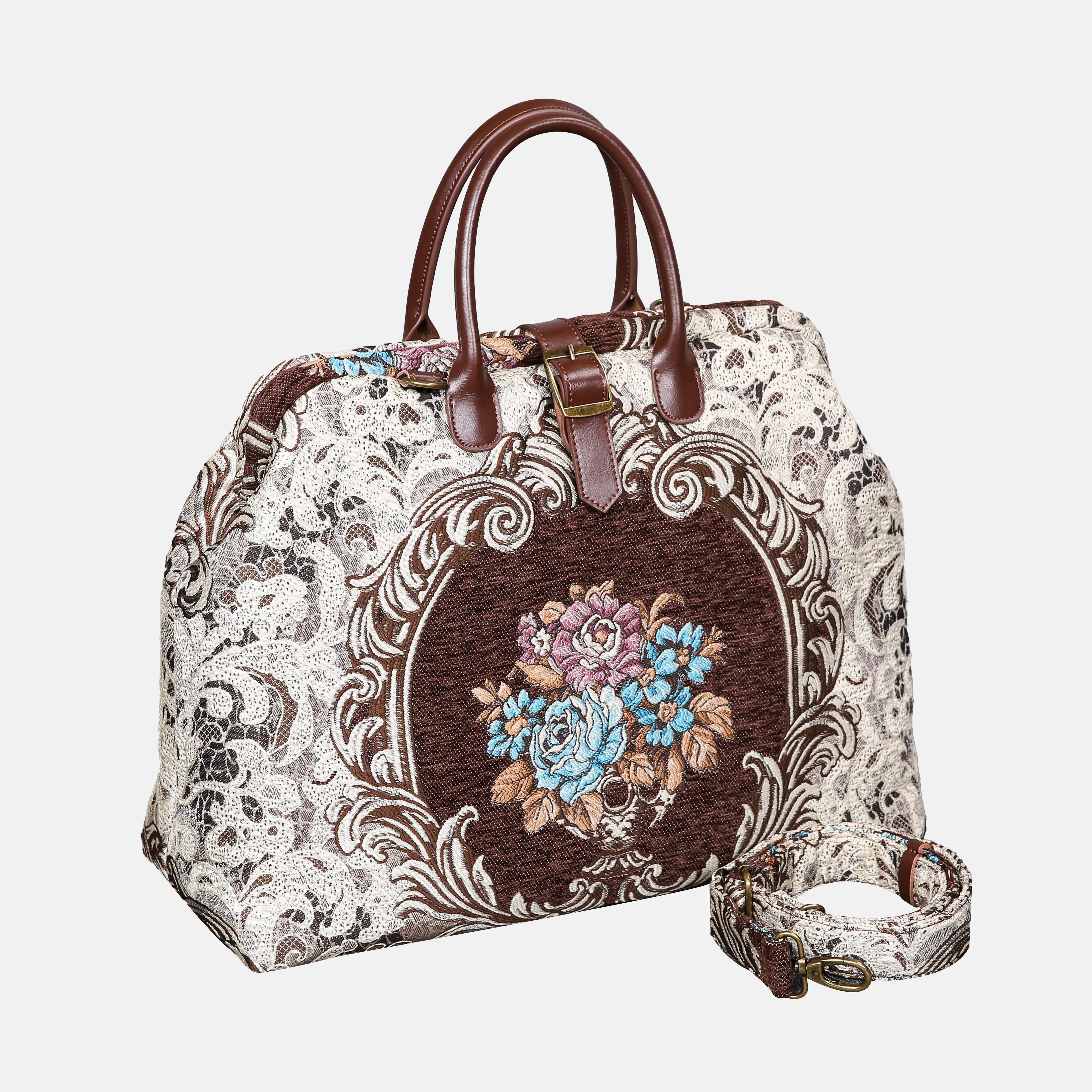 Baroque Bouquet Brown Mary Poppins Weekender carpet bag MCW Handmade with shoulder strap