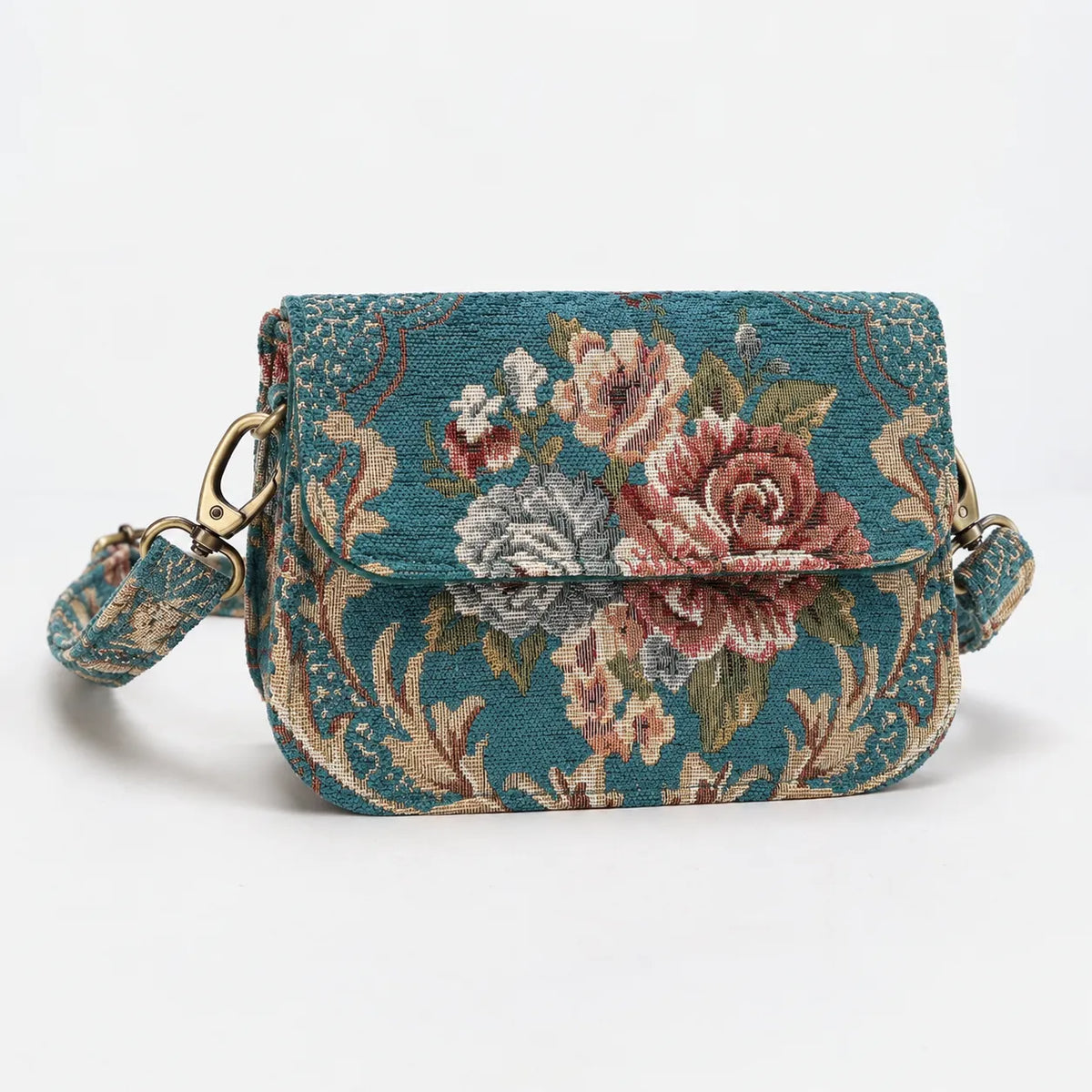 Floral Teal Flap Crossbody Bag carpet bag main