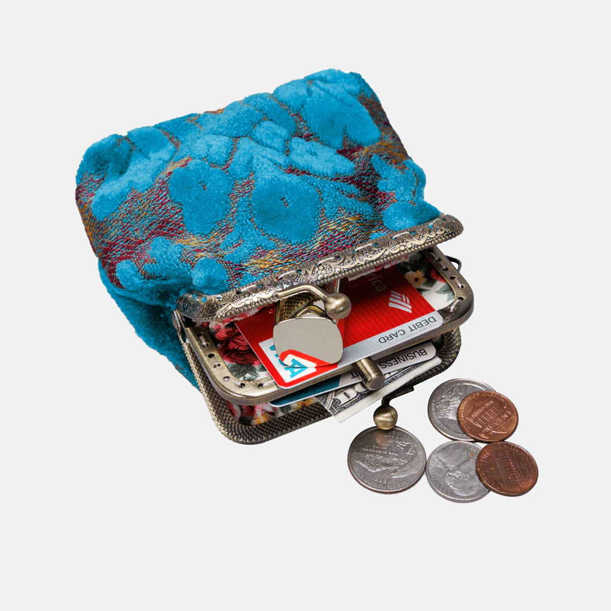 Burnout Velvet Aqua Blue Double Kiss Clasp Coin Purse lay