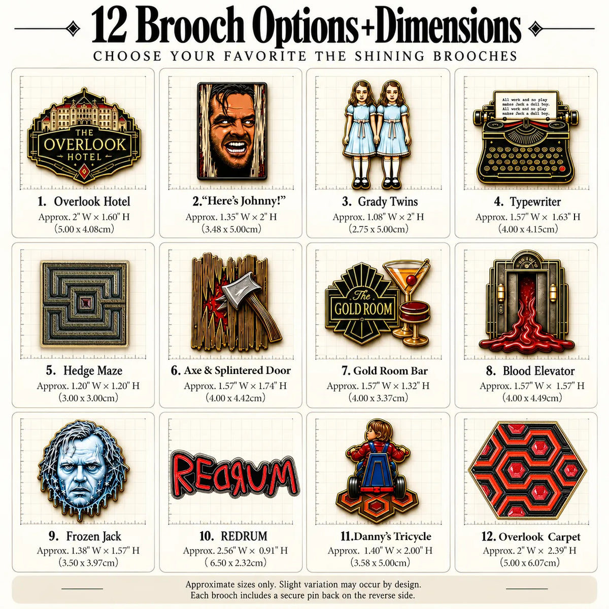 ''The Shining'' Inspired Brooches | 12 Designs | MCW size chart