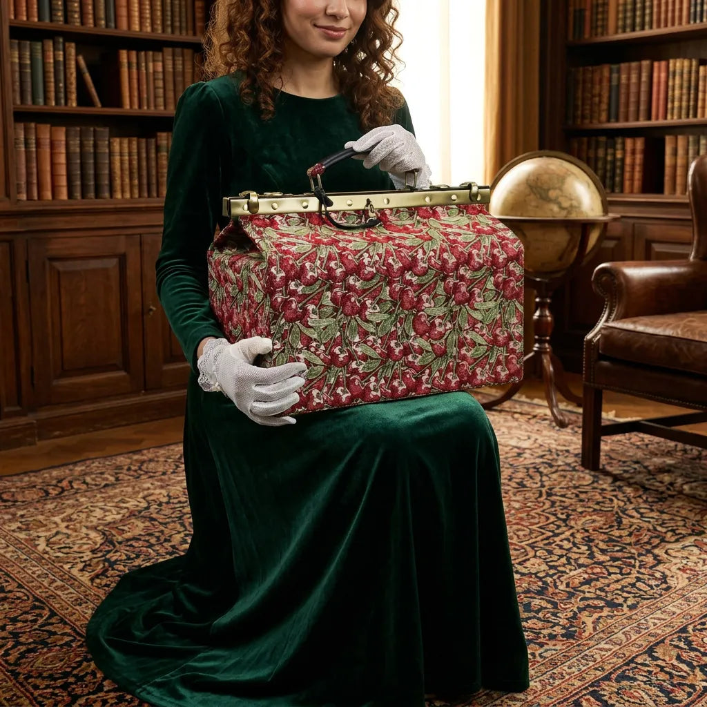Woman in a green dress holding a cherry cascade genevieve carpet gladstone bag in a room with bookshelves and a globe.