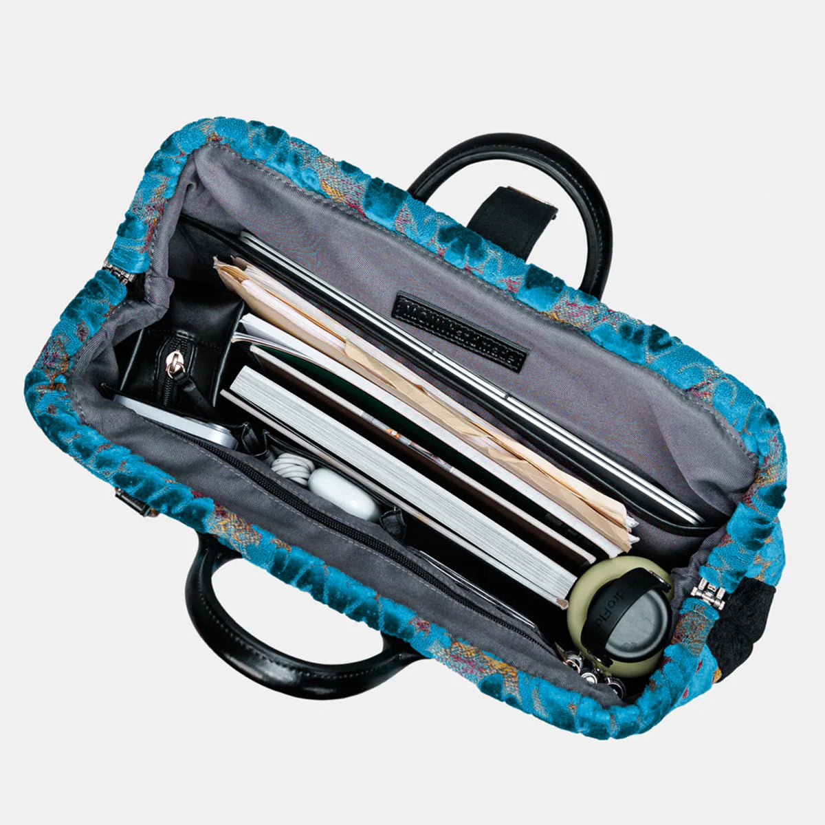 Burnout Velvet Aqua Blue Laptop Work Bag inside