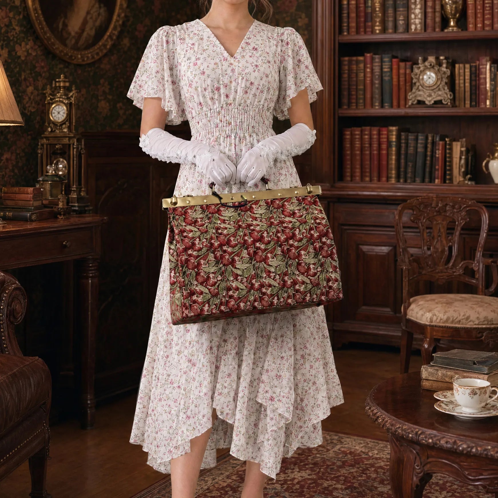 Woman in a floral dress holding a cherry cascade celine carpet gladstone bag in a room with wooden furniture and books.