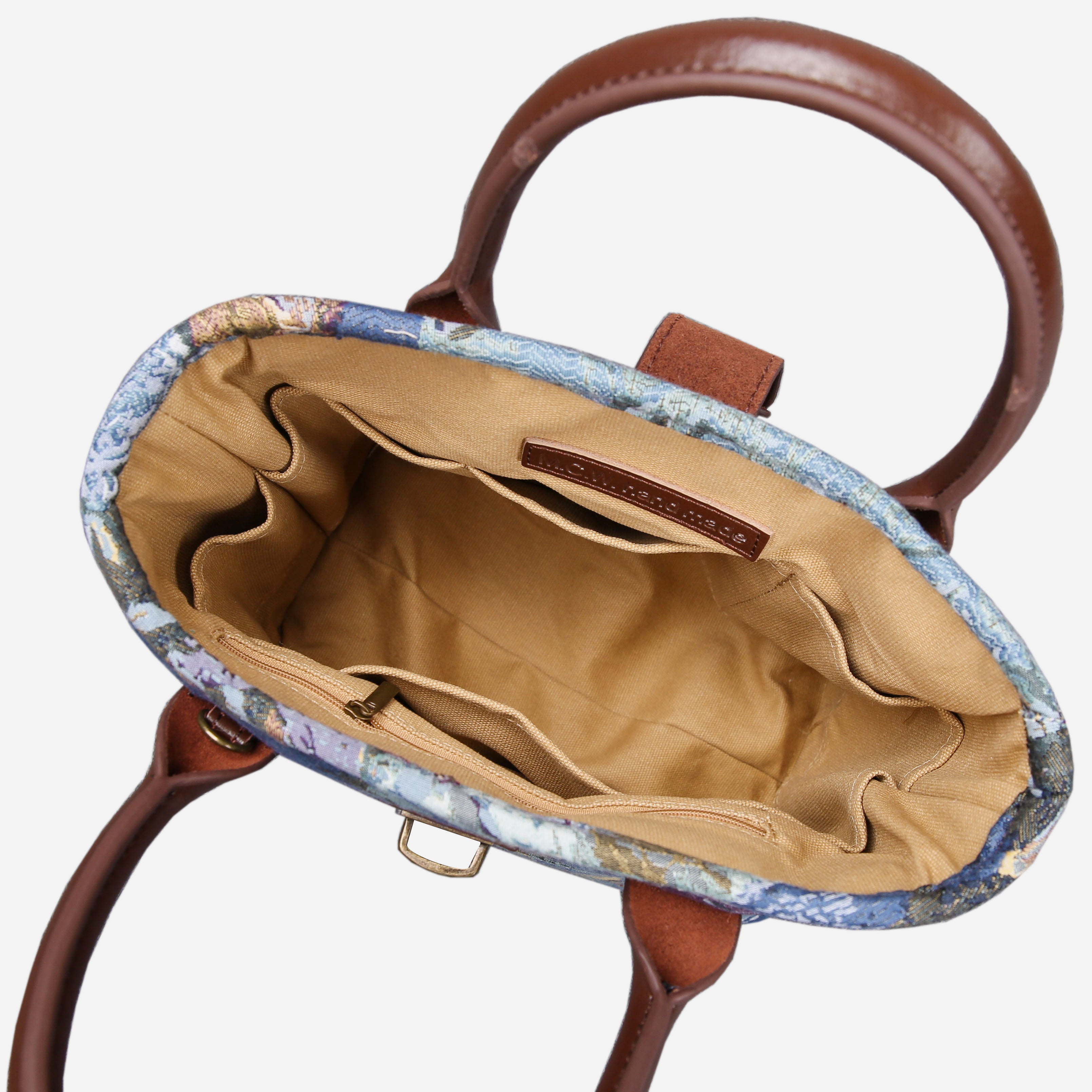 Abstract Blue Tuck Lock Carpet Satchel carpet bag MCW Handmade of America inside
