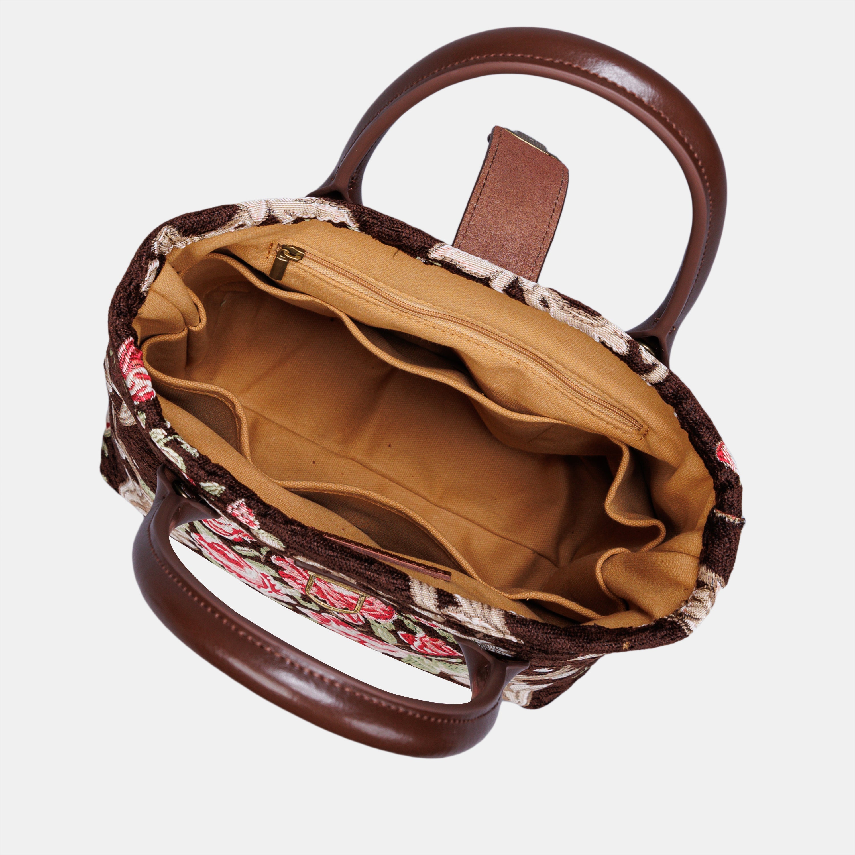 Baroque Garden Brown Tuck Lock Carpet Satchel carpet bag MCW Handmade of America inside