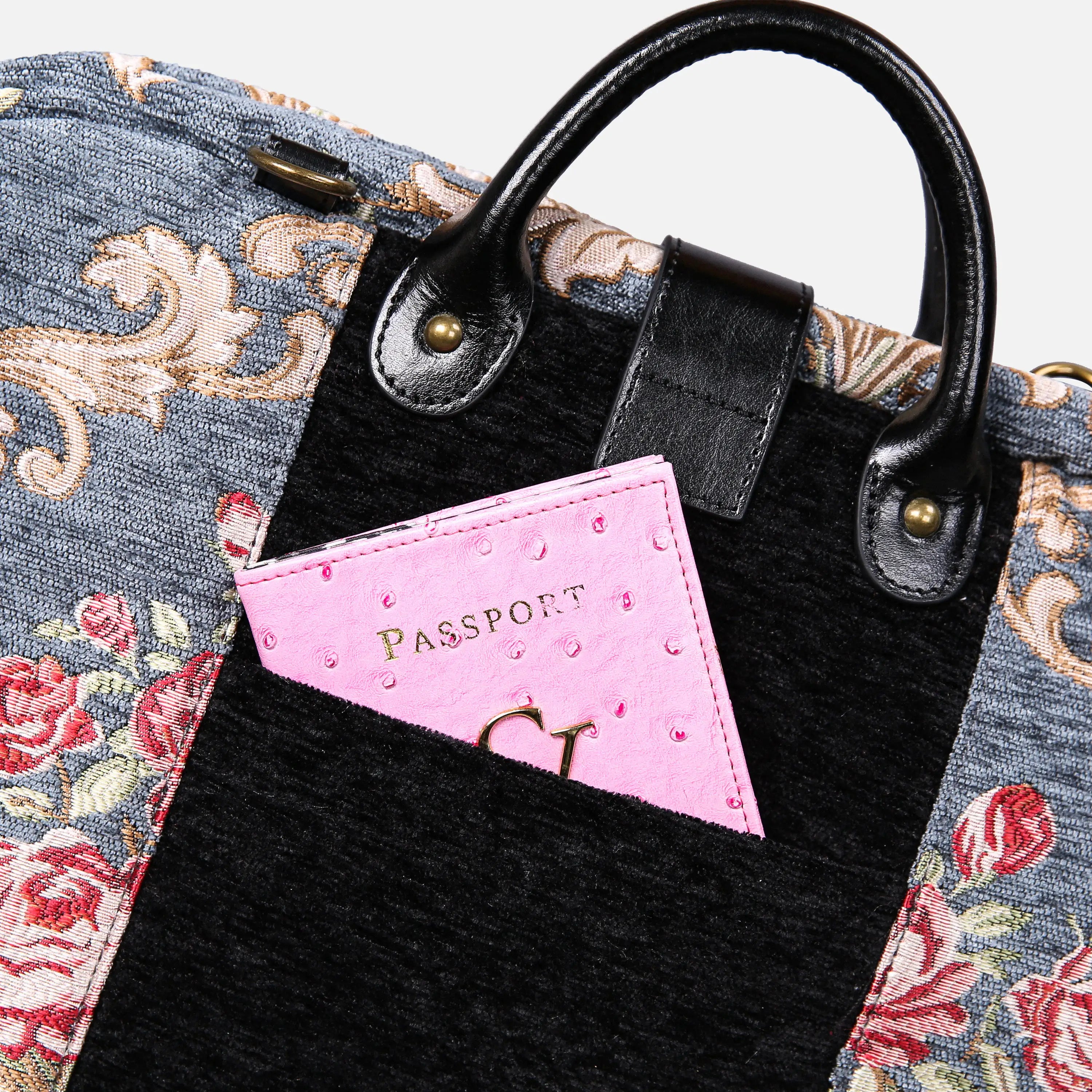 Baroque Garden Grey carpet bag of America back details