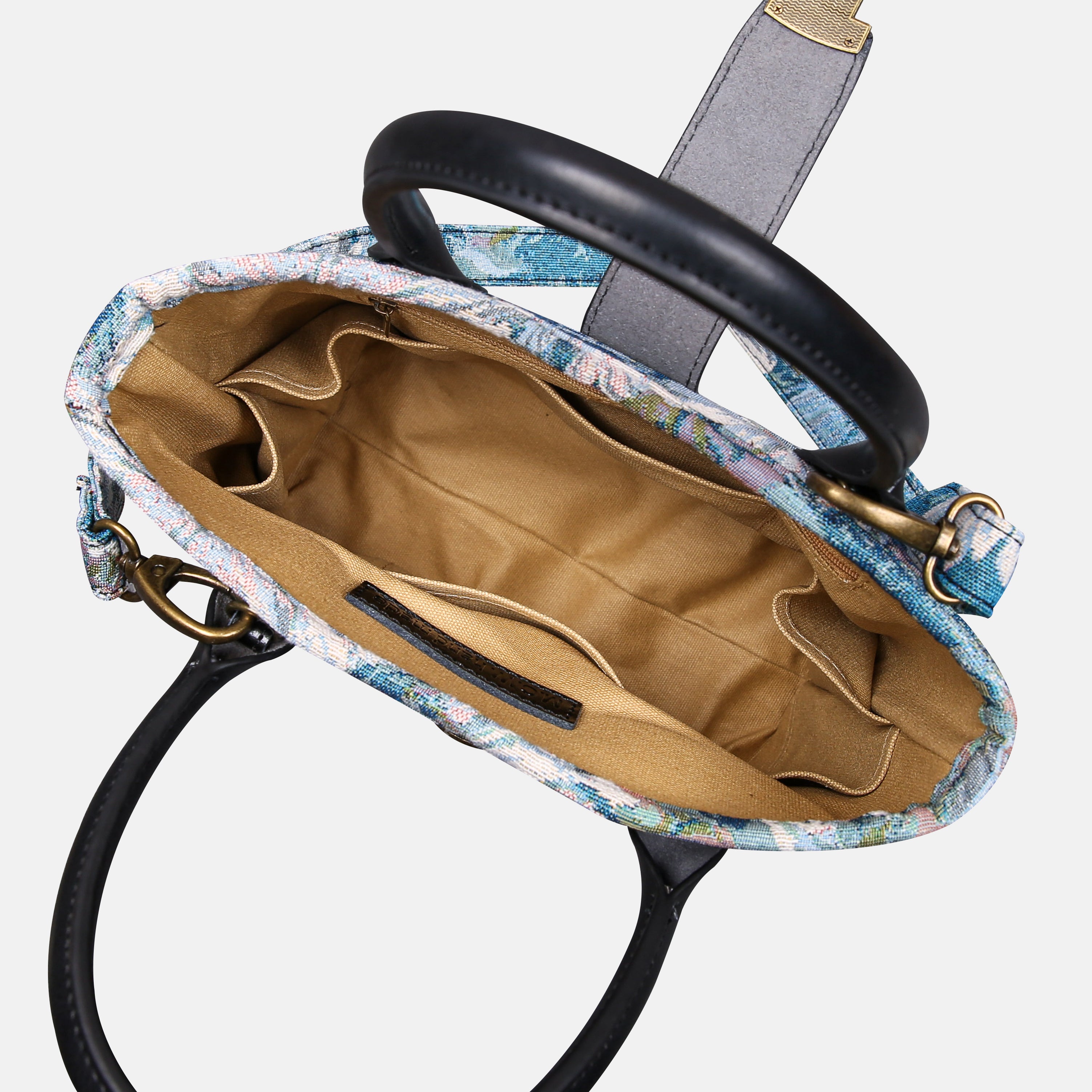 Blooming Daisy Blue Tuck Lock Carpet Satchel carpet bag MCW Handmade of America inside