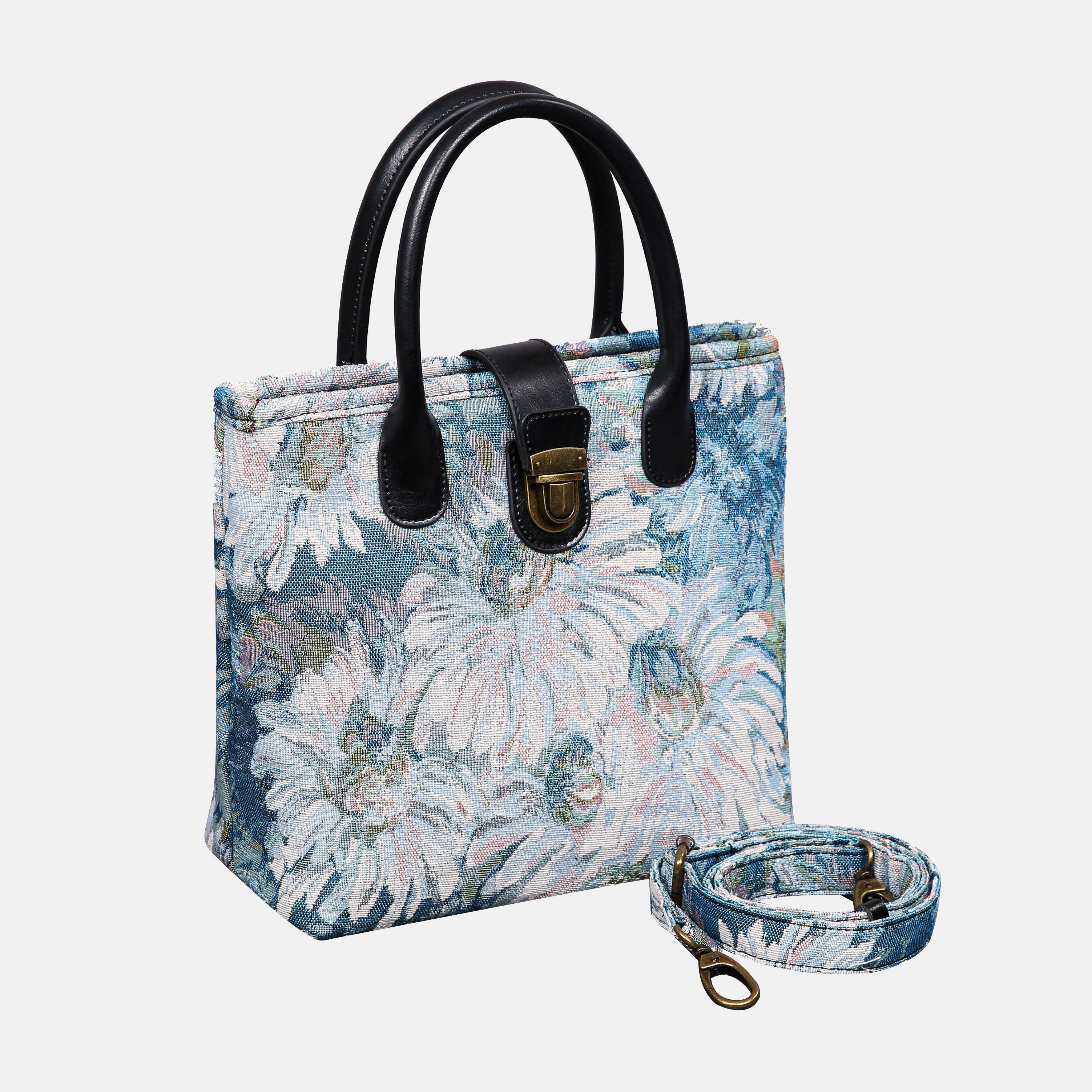 Blooming Daisy Blue Tuck Lock Carpet Satchel carpet bag MCW Handmade of America with strap