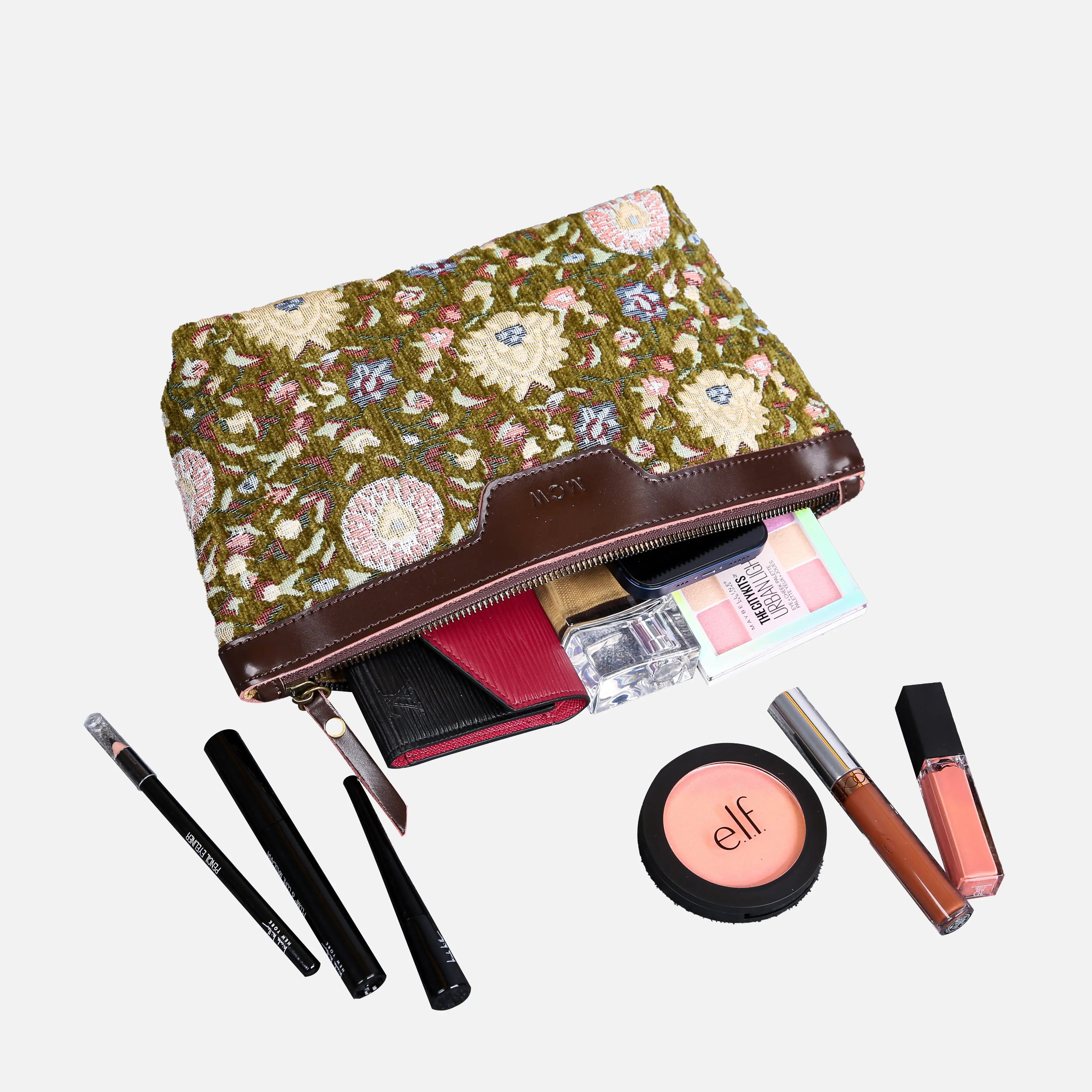 Bouquet Avocado Carpet Makeup Bag Carpetbag of America lay flat