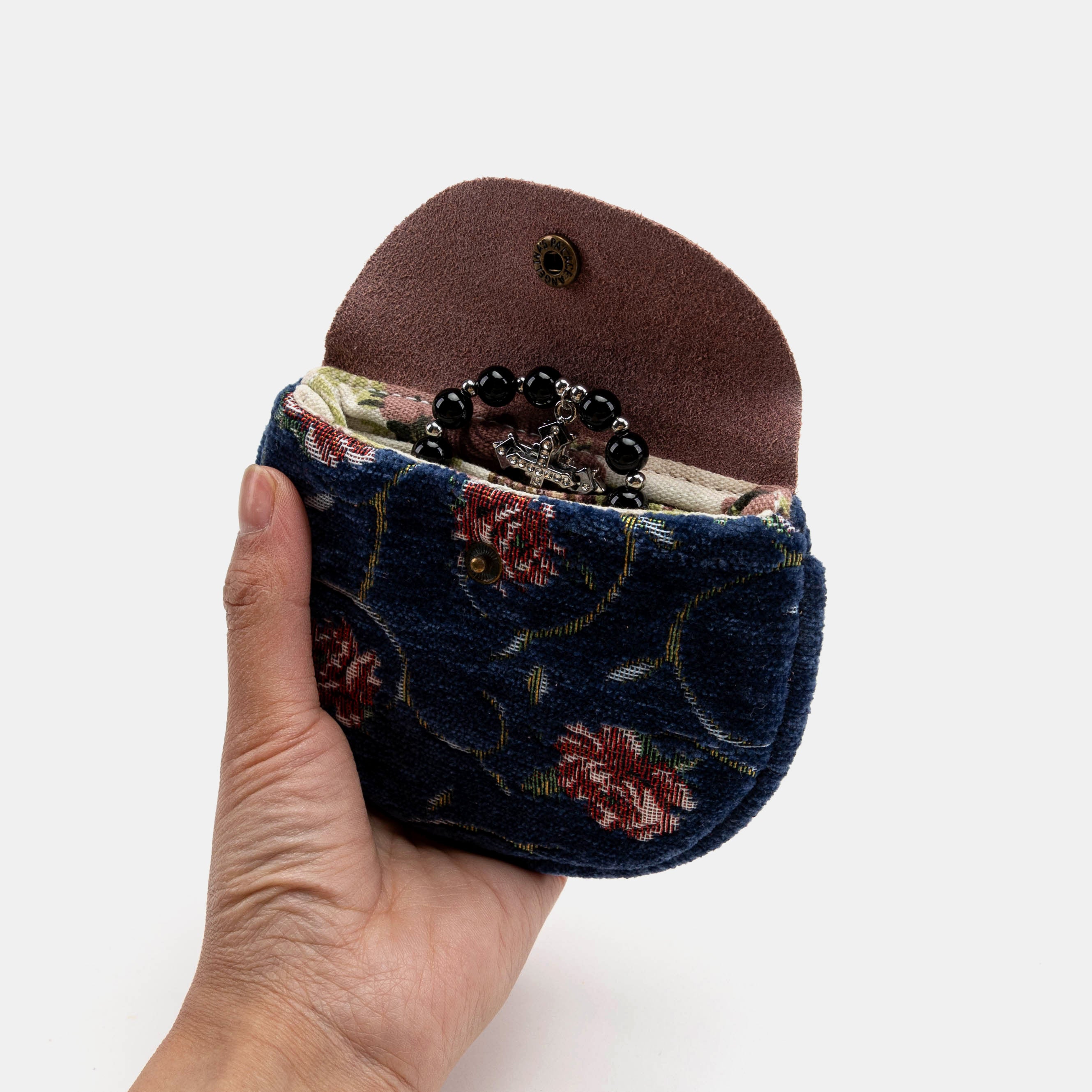 Rose Series Blue Rosary Bag Carpetbag of America holding