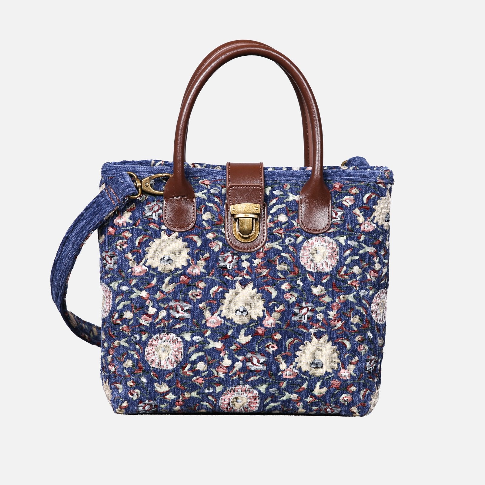 Rose Bouquet Blue Tuck Lock Carpet Satchel Carpetbag of America