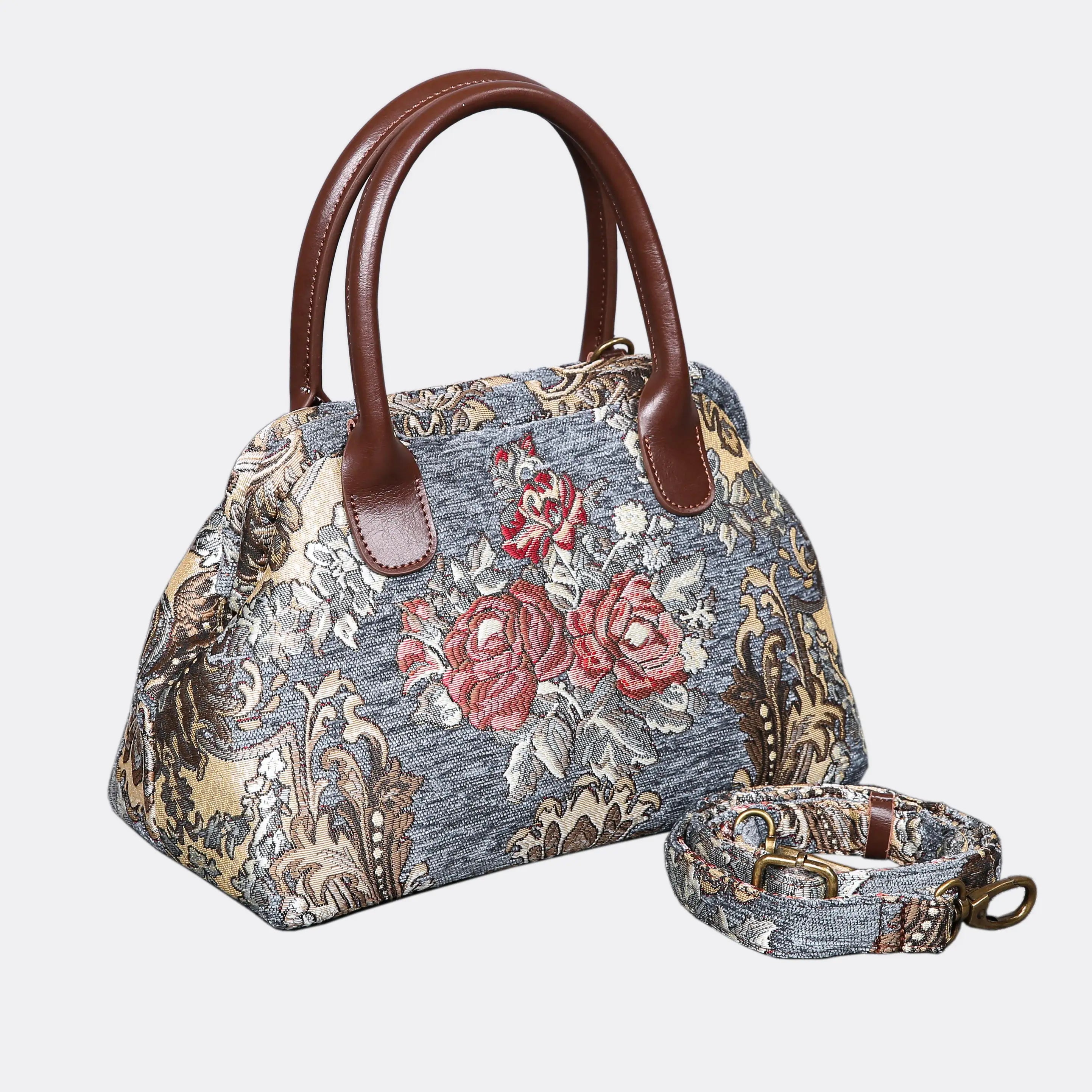 Brocade Grey Carpet Satchel carpet bag MCW Handmade of America with strap