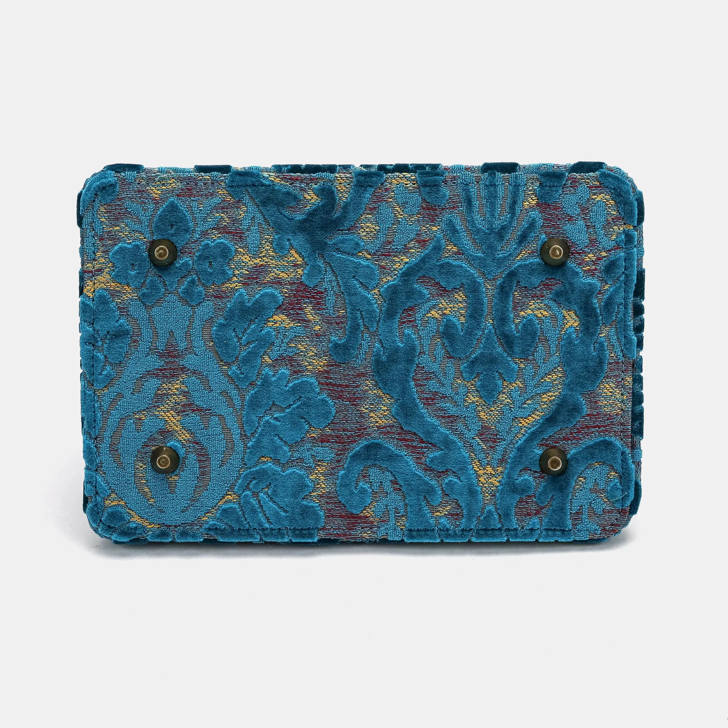 Burnout velvet Aqua Blue Cecile Carpet Purse Gladstone Bag of America bottom