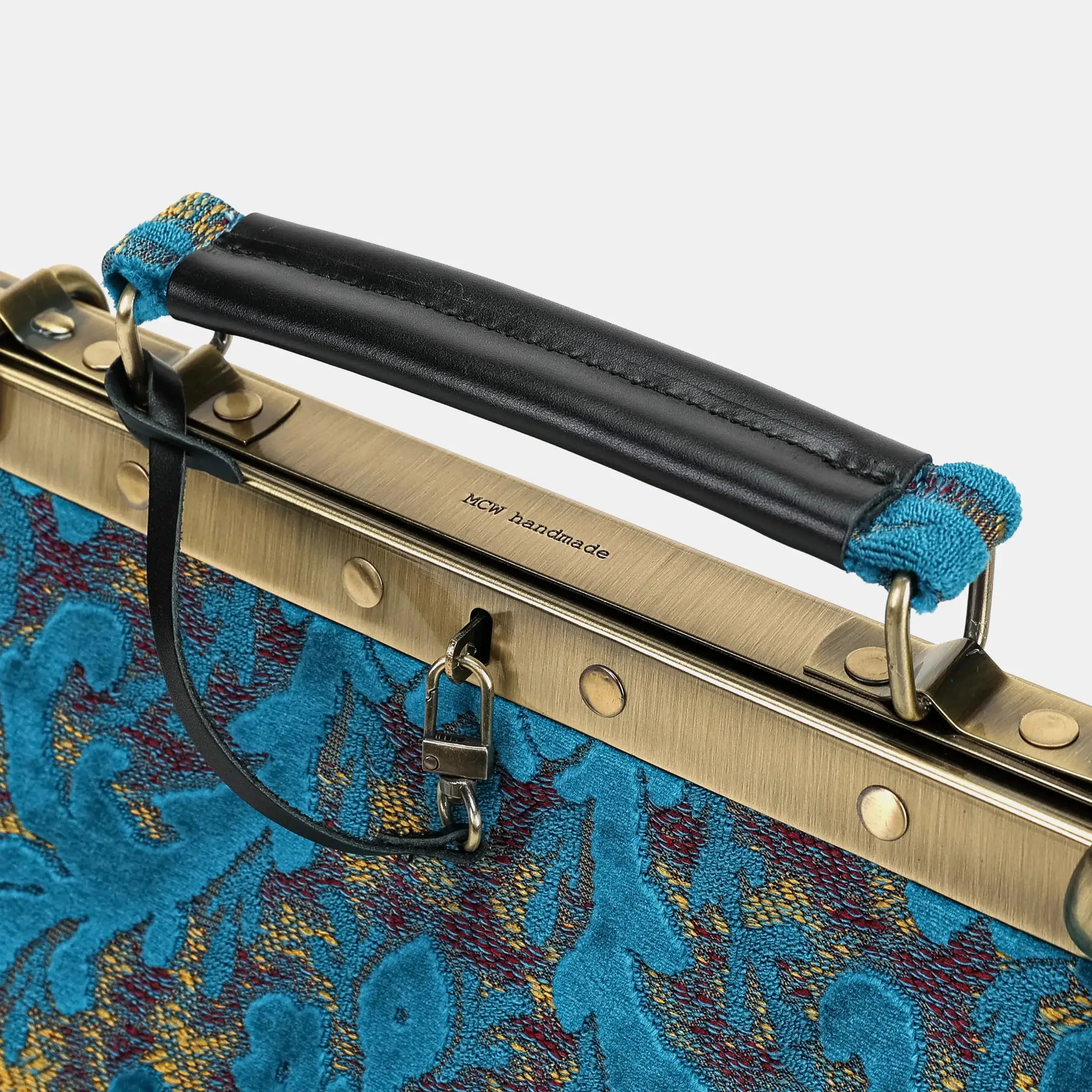 Burnout velvet Aqua Blue Cecile Carpet Purse Gladstone Bag of America logo