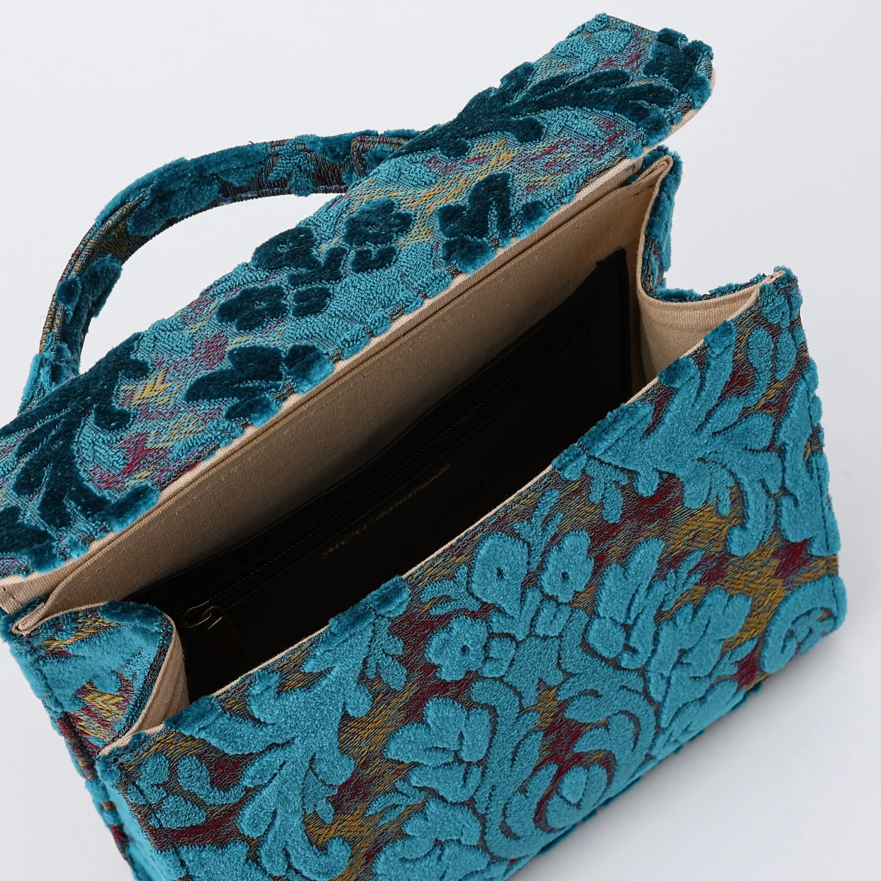 Burnout Velvet Aqua Blue Flap Satchel Carpetbag of America opening
