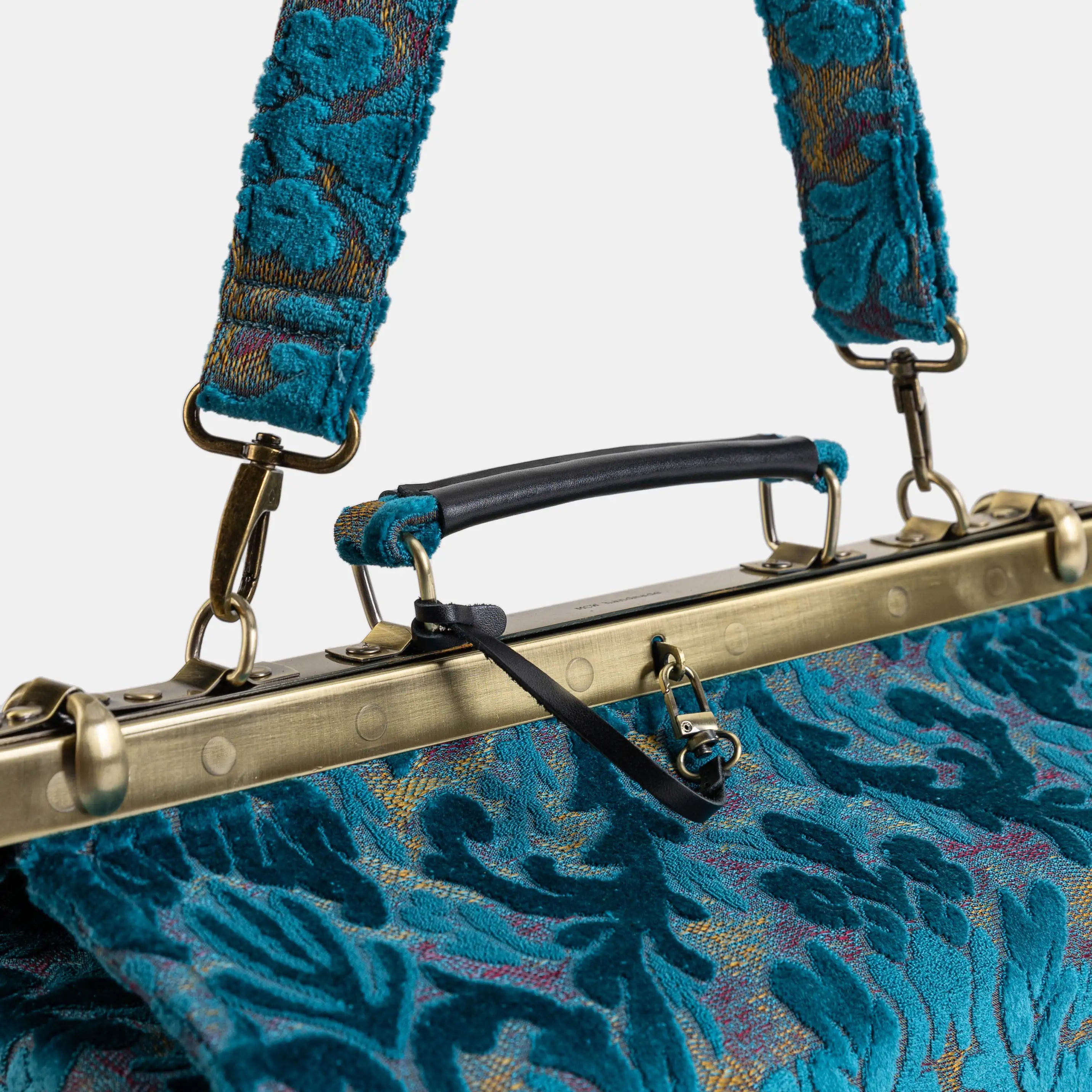 Burnout Velvet Aqua Blue Genevieve Carpet Gladstone Bag of America handle