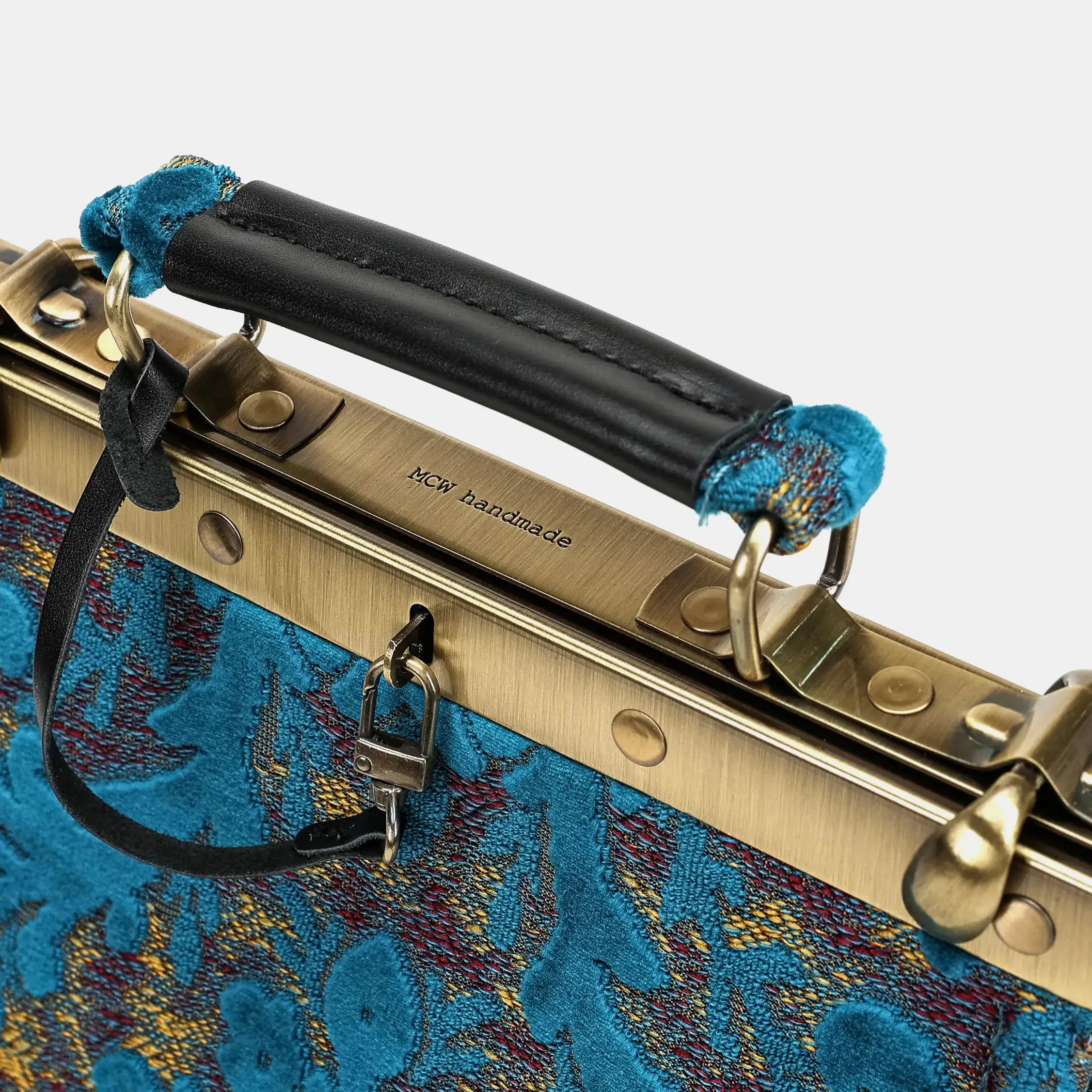 Burnout velvet Aqua Blue Helena Carpet Gladstone Backpack of America handle