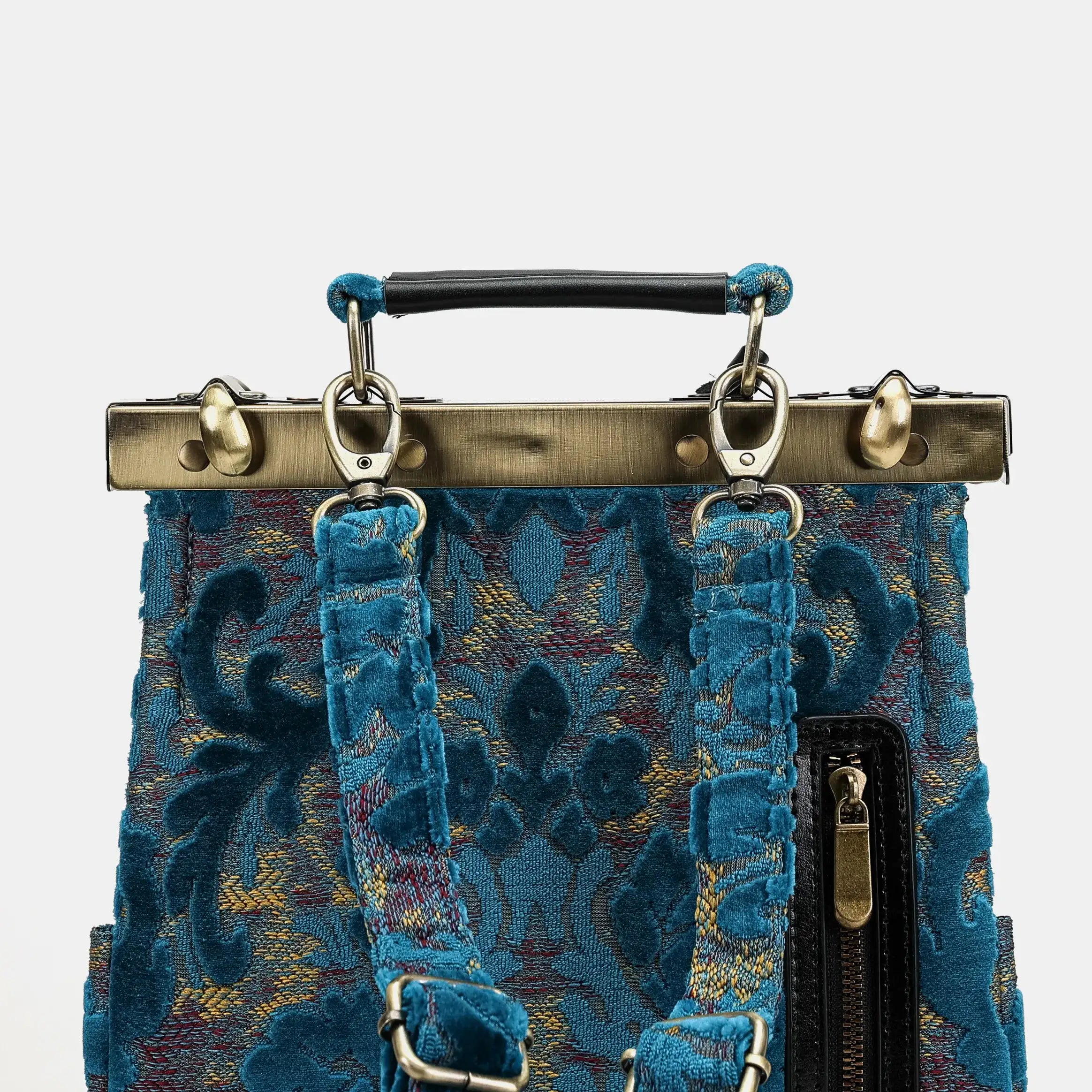 Burnout velvet Aqua Blue Helena Carpet Gladstone Backpack of America back details