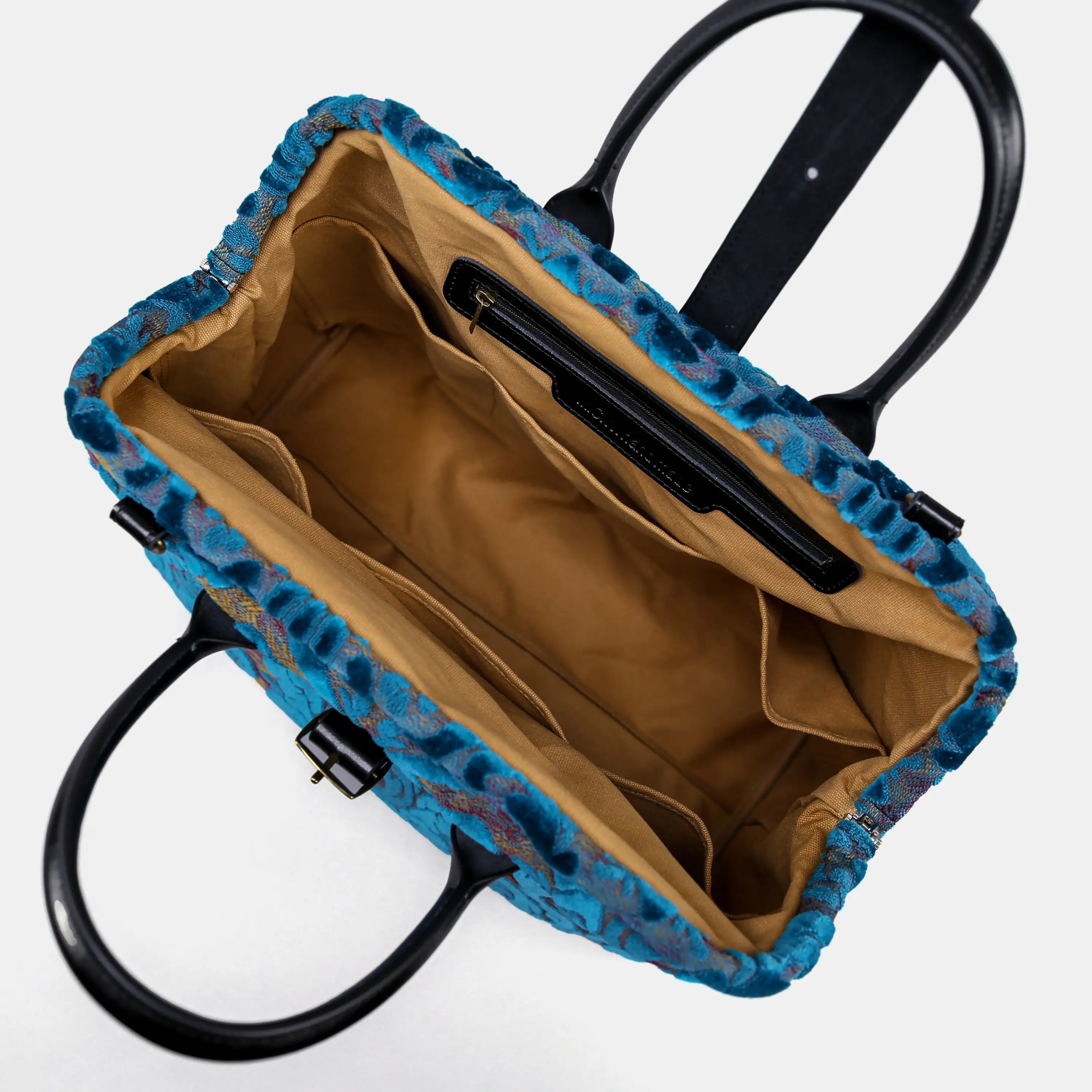 Burnout Velvet Aqua Blue Mary Poppins Weekender Carpetbag of America open