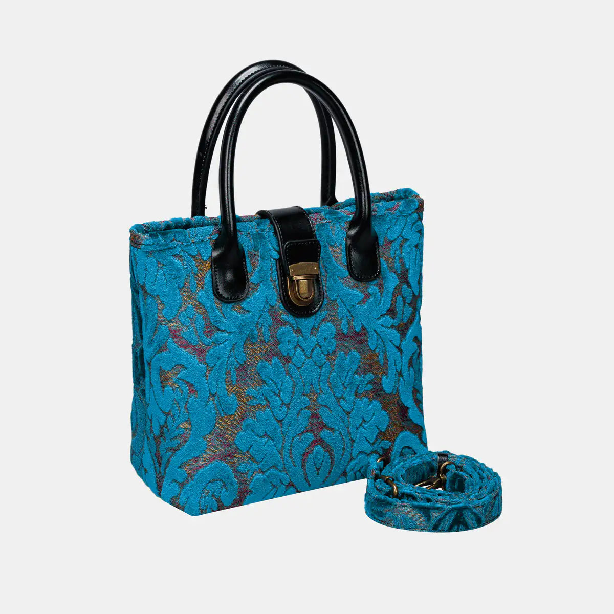 Burnout Velvet Aqua Blue Tuck Lock Carpet Satchel of America with strap