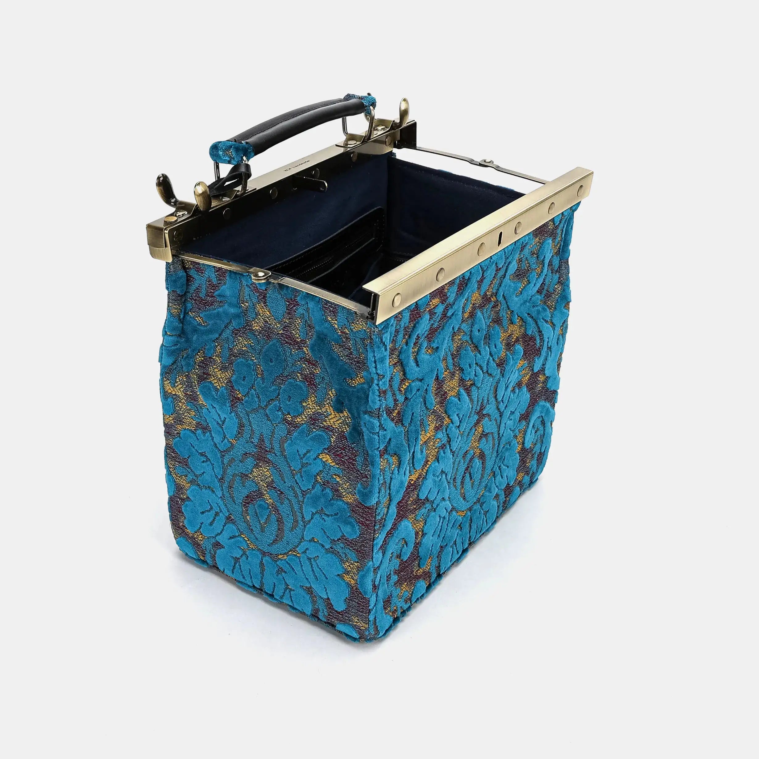 Burnout velvet Aqua Blue Vivienne Carpet Purse Gladstone Bag of America open and stand