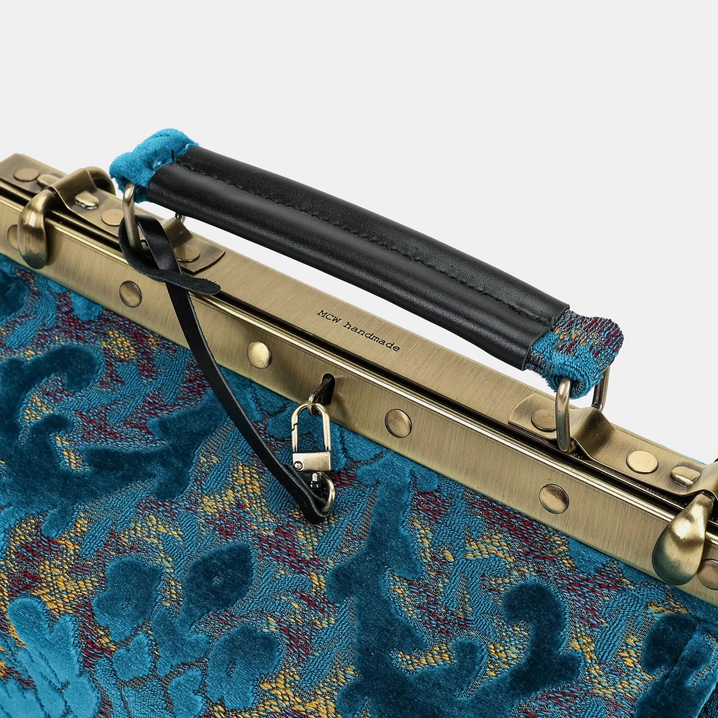 Burnout velvet Aqua Blue Vivienne Carpet Purse Gladstone Bag of America logo