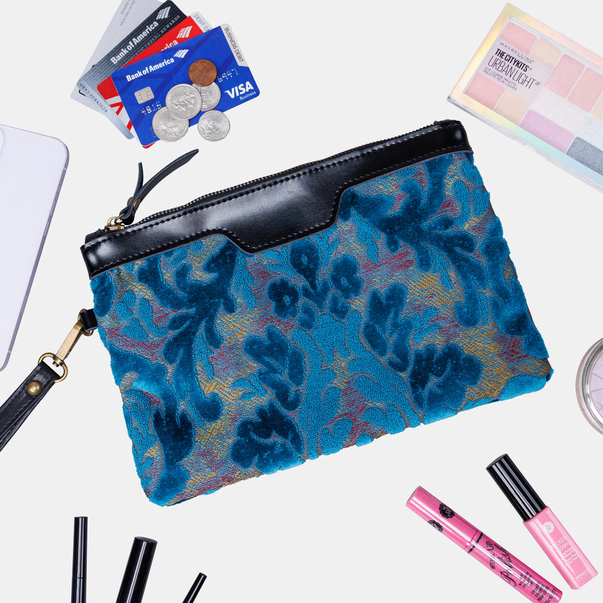 Burnout Velvet Aqua Blue Wristlet Clutch carpet bag MCW Handmade capacity