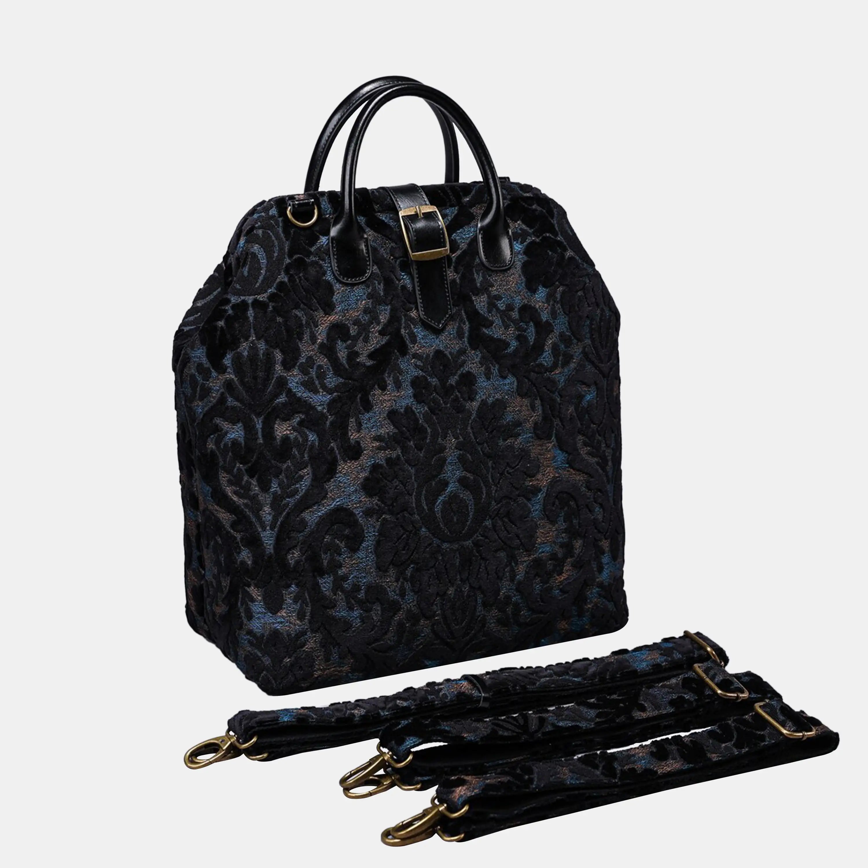 Burnout Velvet Black Carpet Laptop Backpack Carpetbag of America with shoulder strap