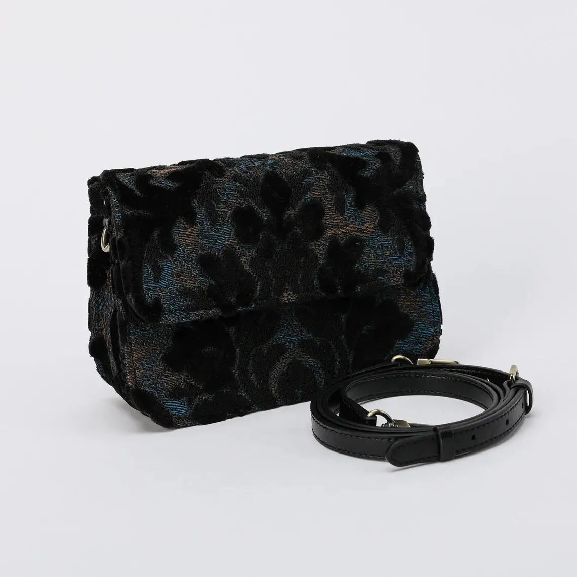 Burnout Velvet Black Flap Crossbody Bag carpet bag of America with shoulder strap
