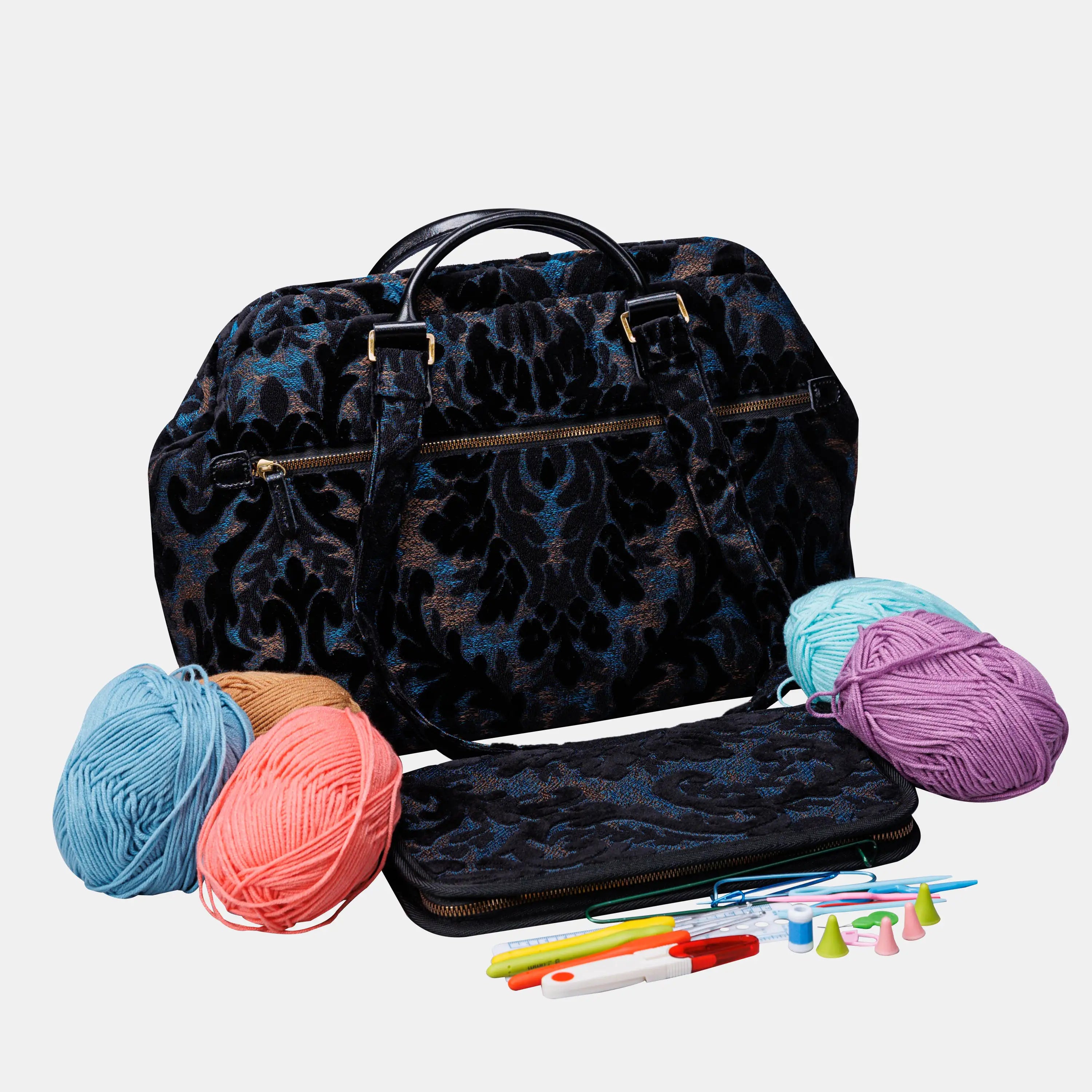 Burnout Velvet Black Knitting Project Bag of America-with yarn ball