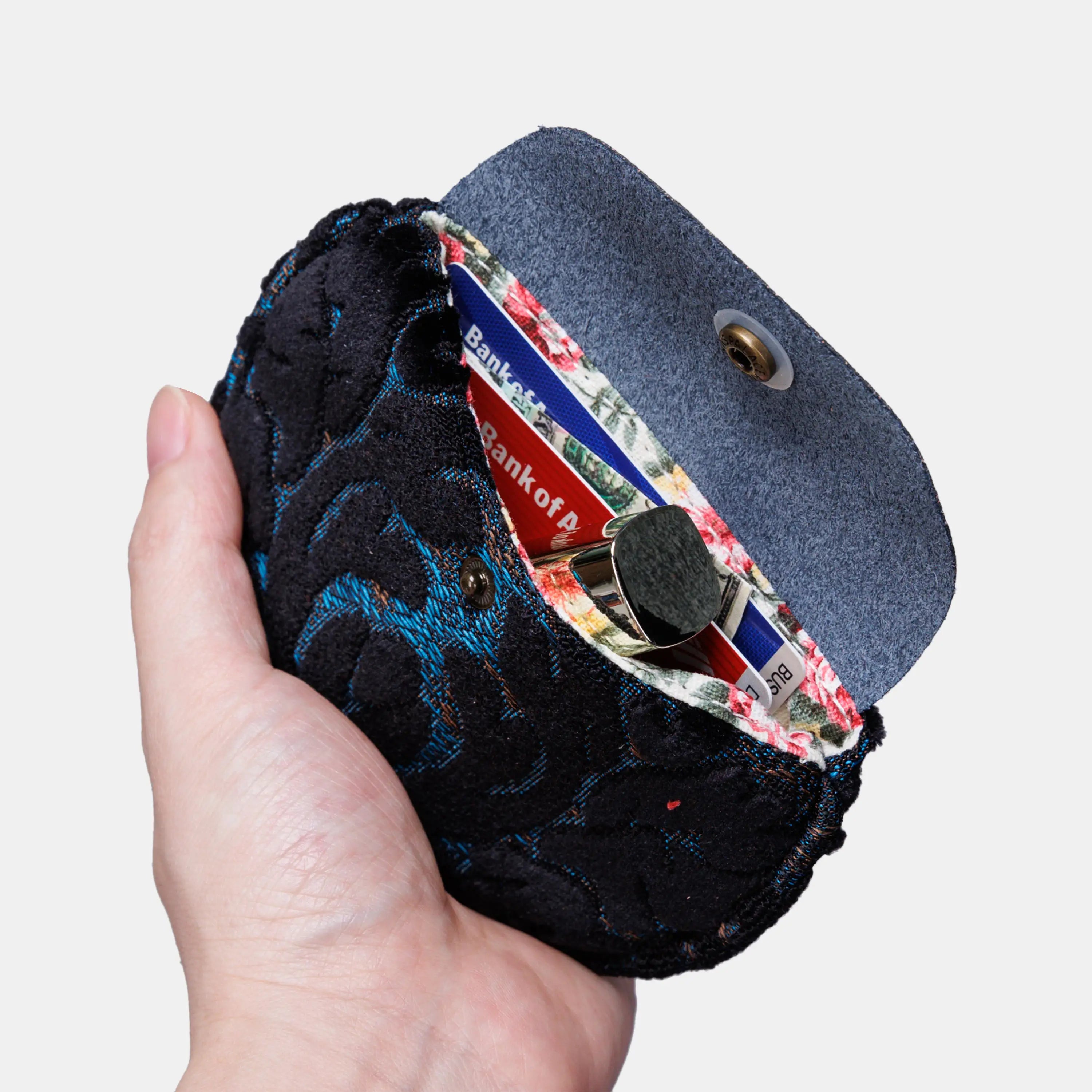 Burnout Velvet Black Flap Coin Purse of America in use-1