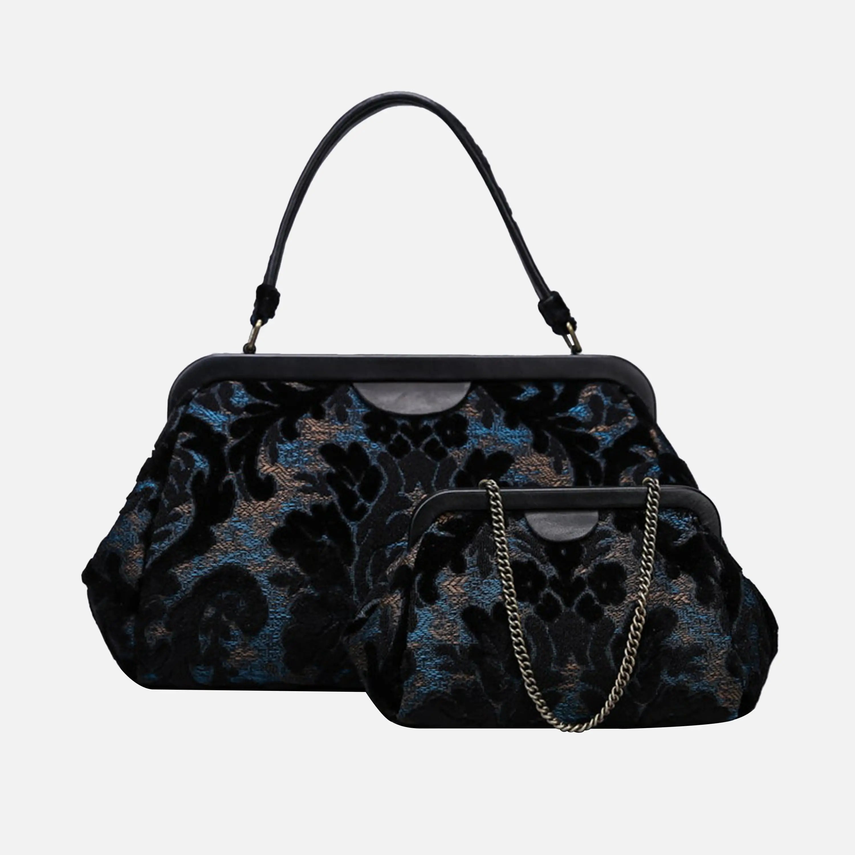 Burnout Velvet Black Top Handle Purse carpet bag of America different size