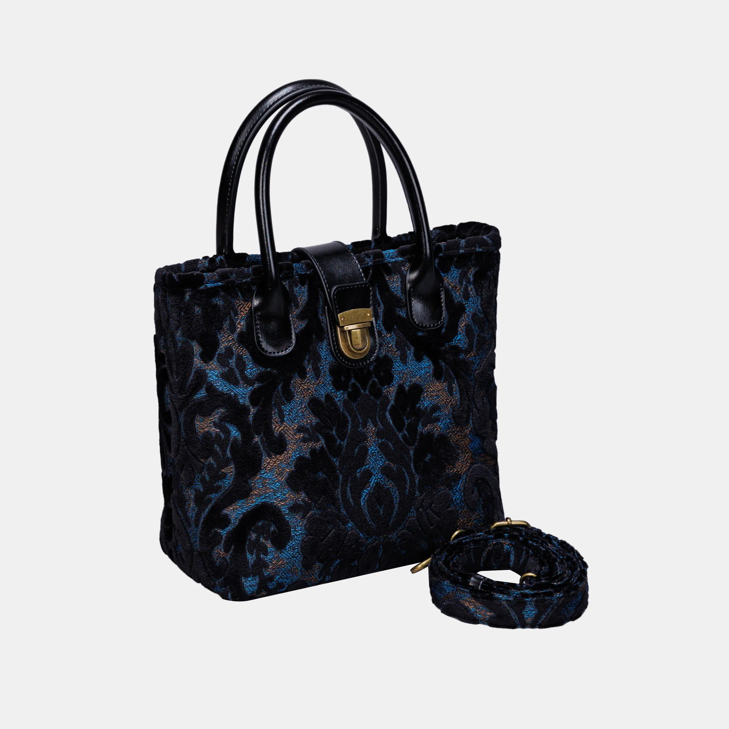 Burnout Velvet Black Tuck Lock Carpet Satchel carpet bag MCW Handmade of America with strap