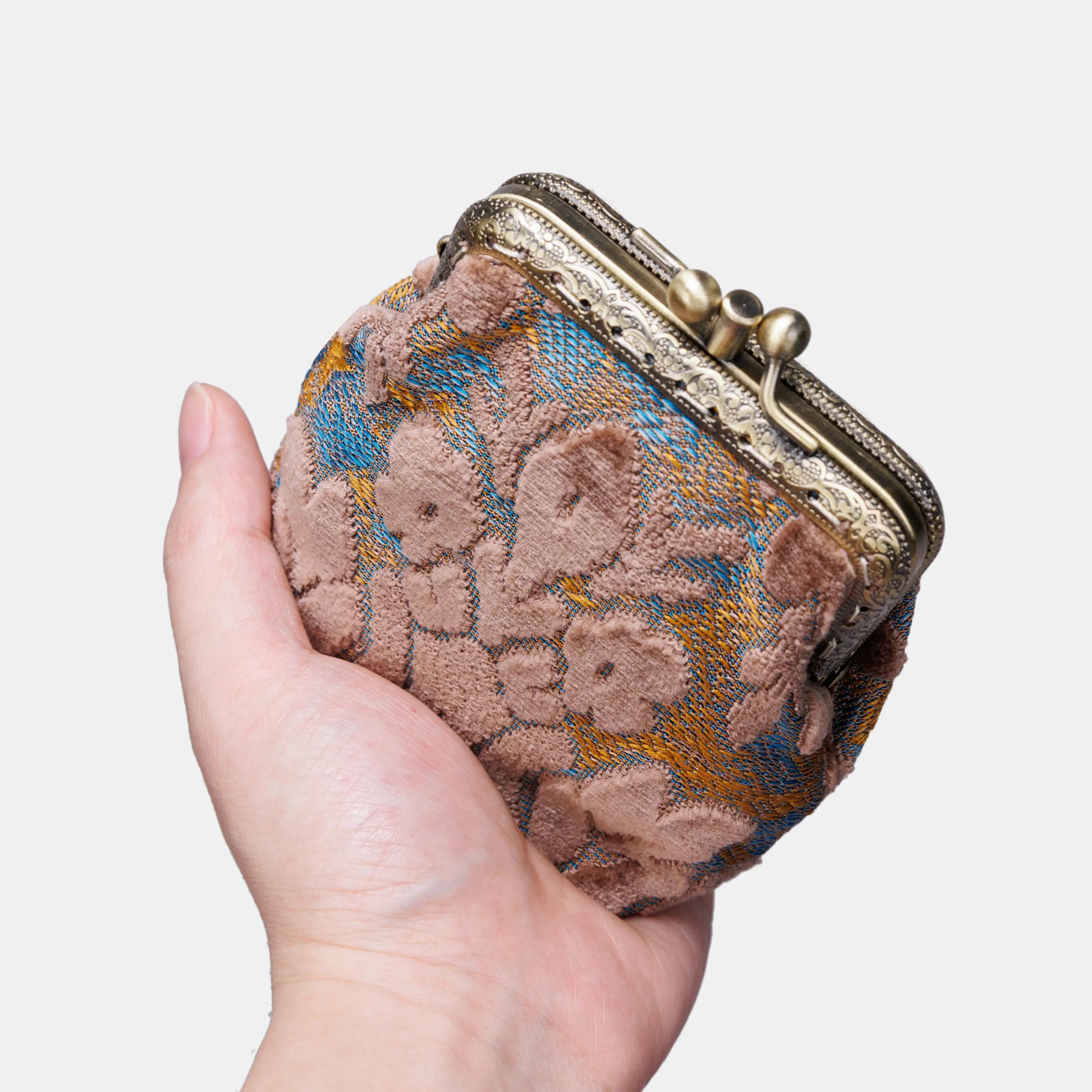 Burnout Velvet Camel Double Kiss Clasp Coin Purse of America main