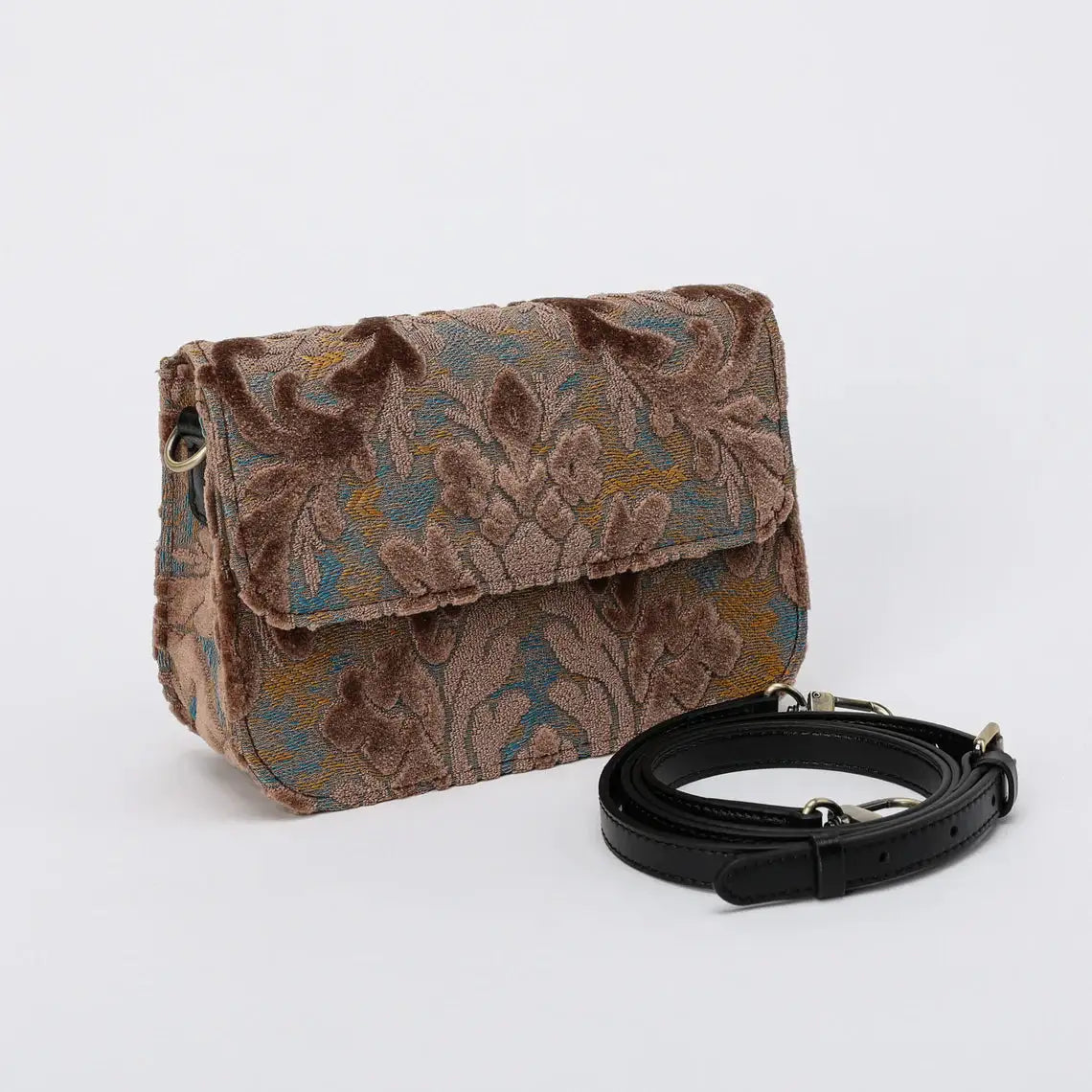 Burnout Velvet Camel Flap Crossbody Bag carpet bag of America with shoulder strap