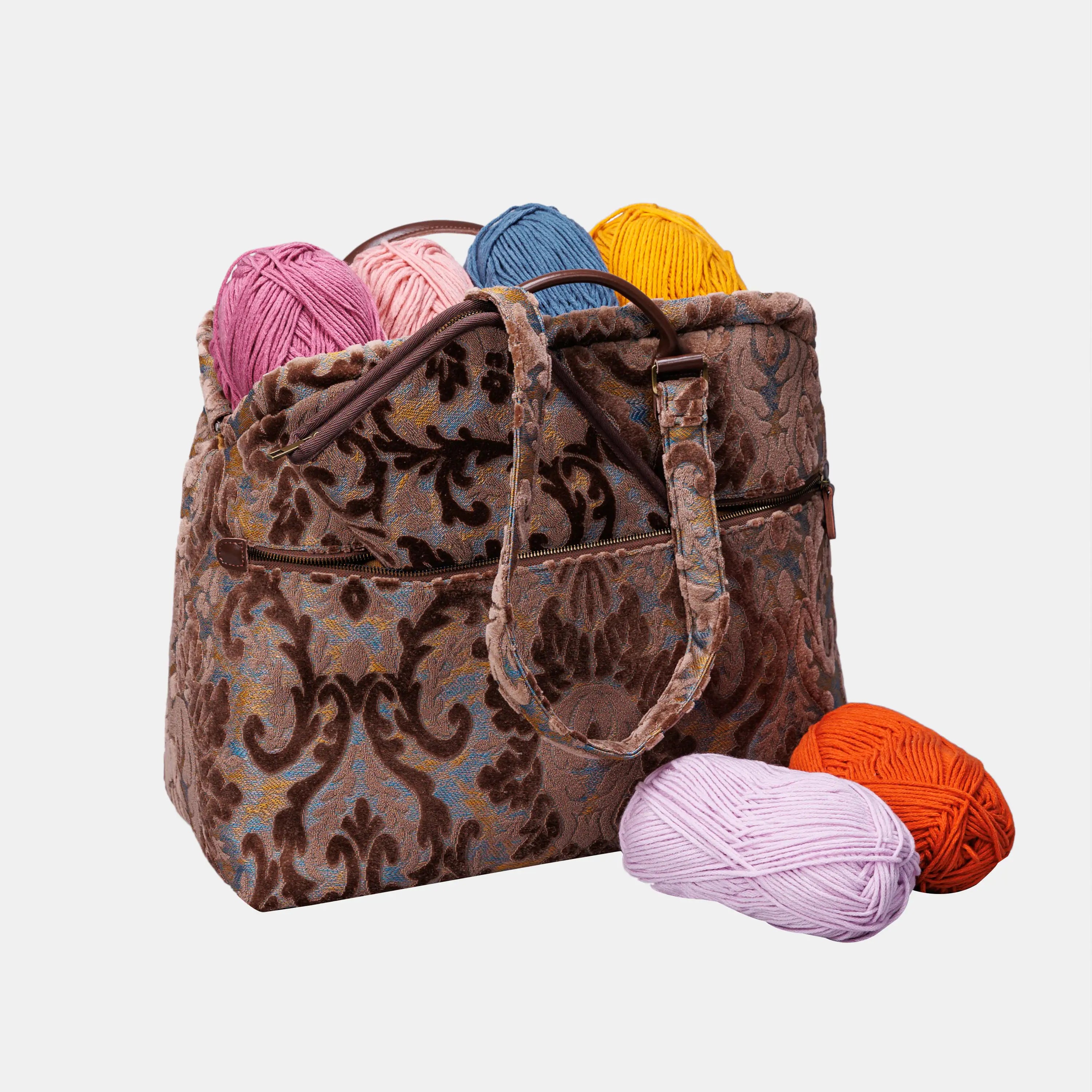 Burnout Velvet Camel Knitting Project Bag of America-with needle case