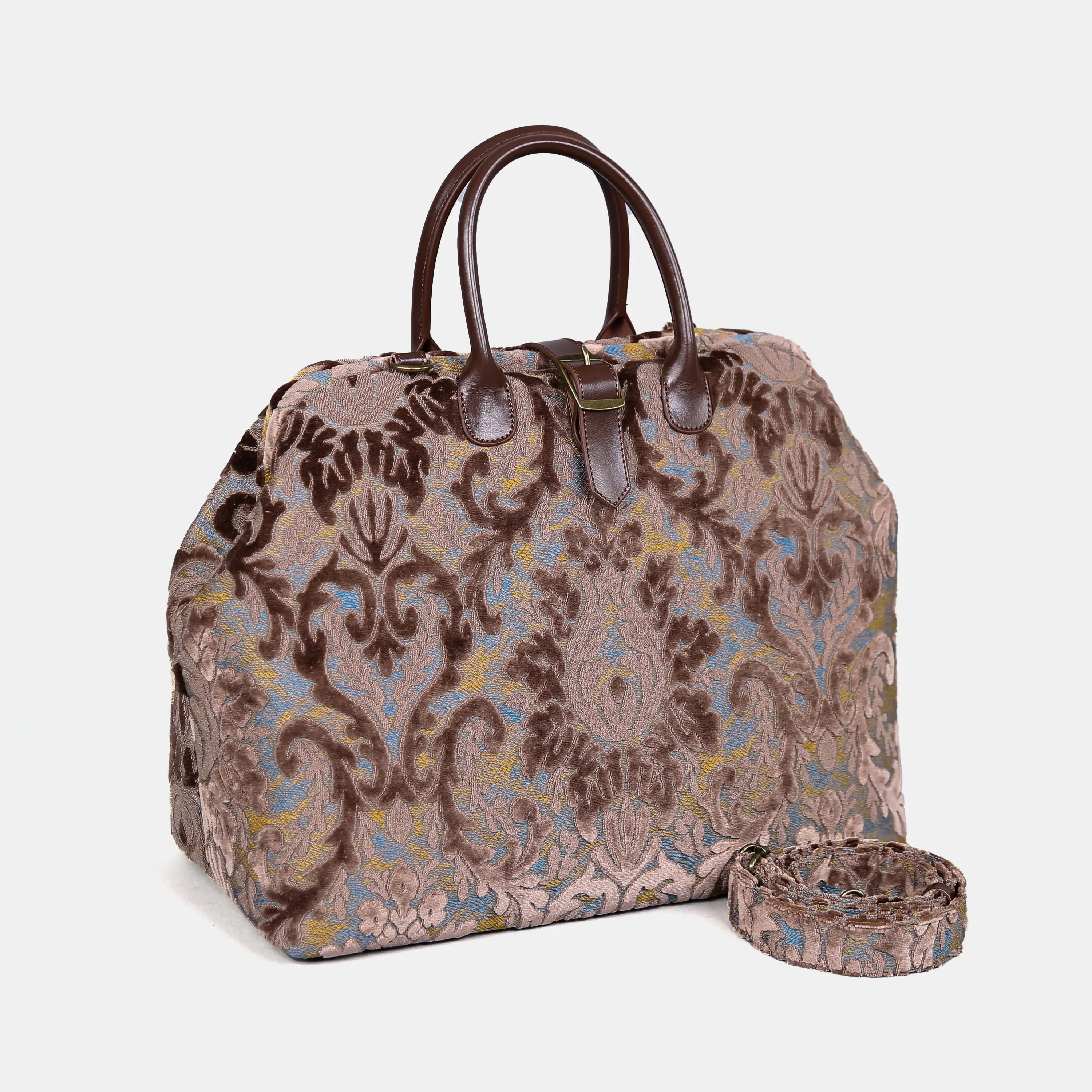 Burnout Velvet Camel Mary Poppins Weekender Carpetbag of America with shoulder strap