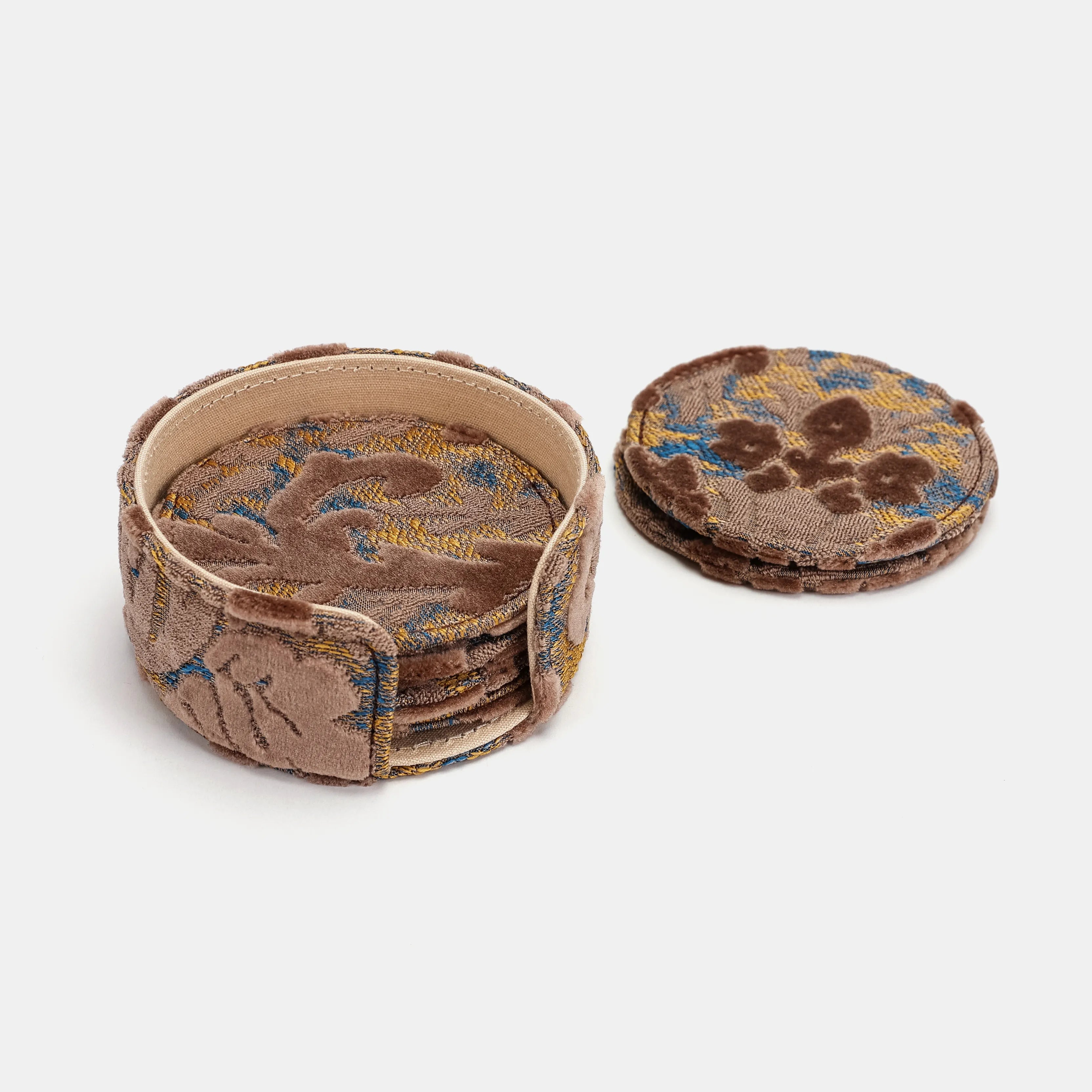 Burnout Velvet Camel Round Coaster Set with Holder of America-details
