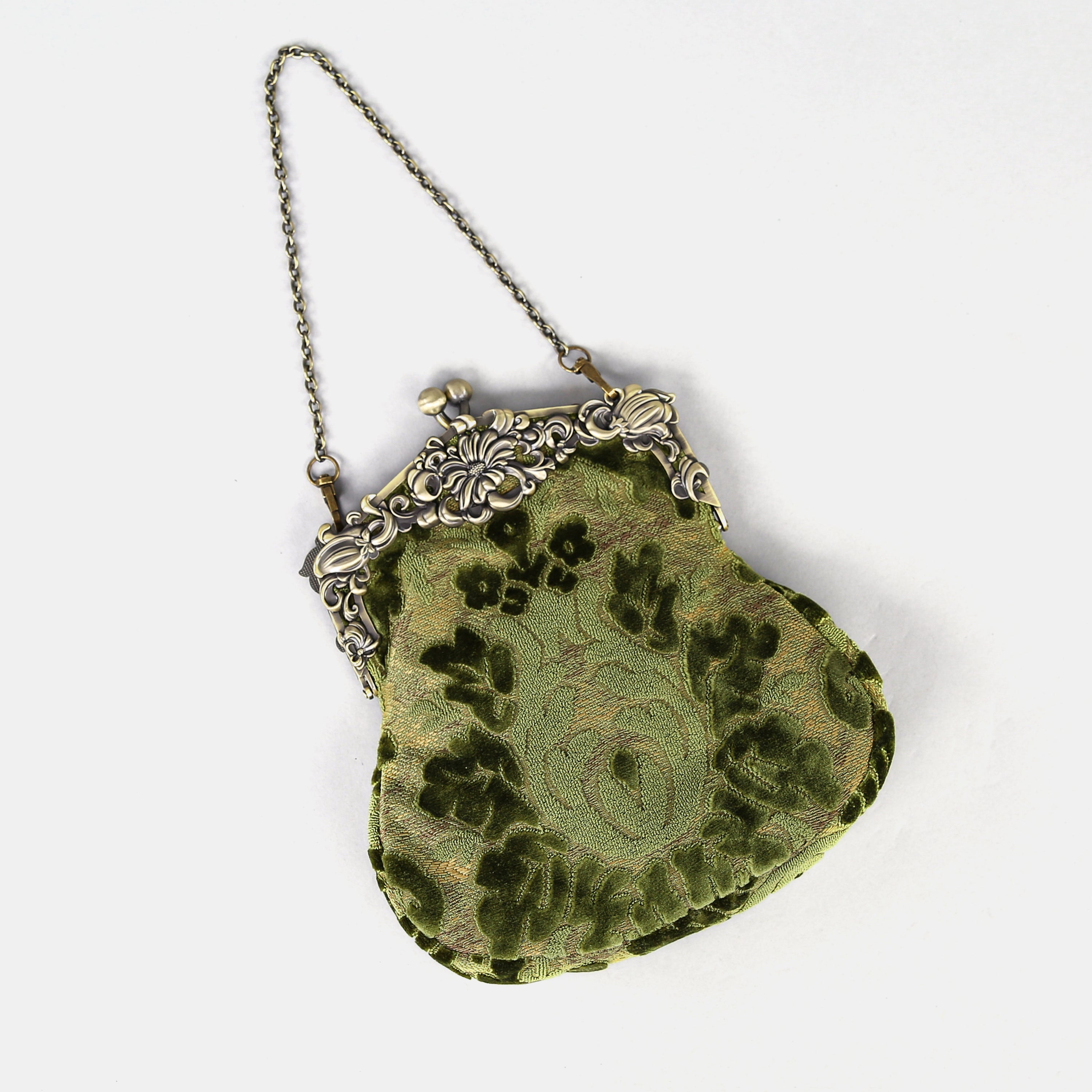 Burnout Velvet Fern Green Chatelaine Purse Large carpet bag of America lay flat