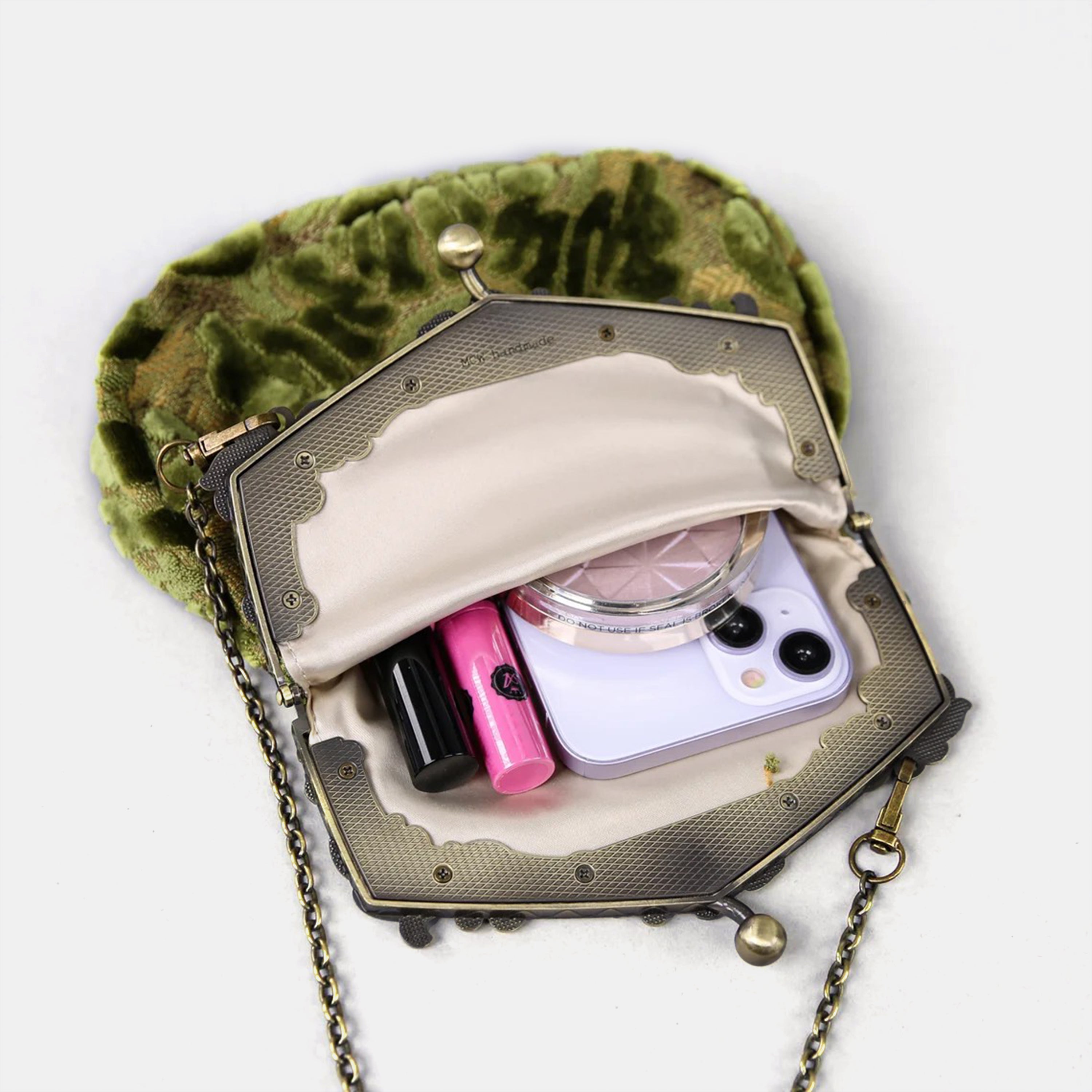 Burnout Velvet Fern Green Chatelaine Purse Large carpet bag of America in use