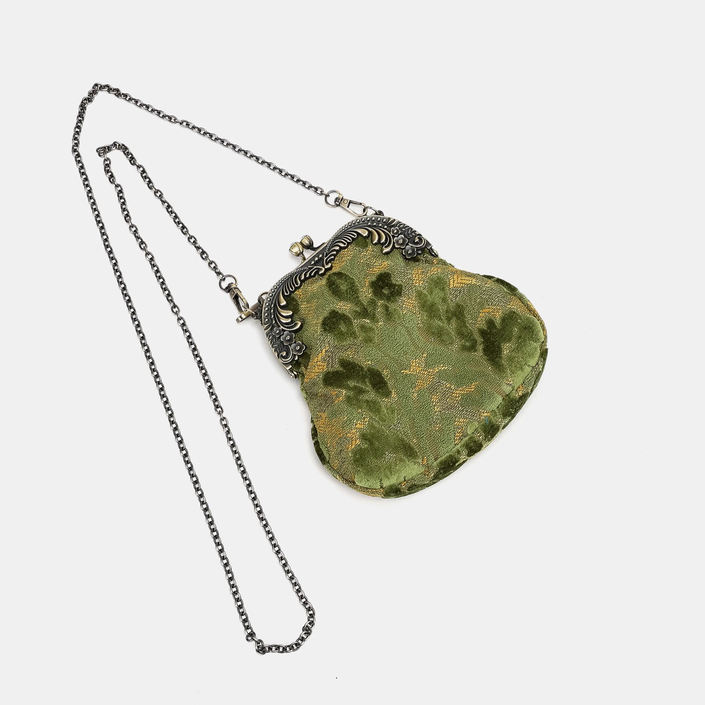 Burnout Velvet Fern Green Chatelaine Purse Medium Carpetbag of America with long chain